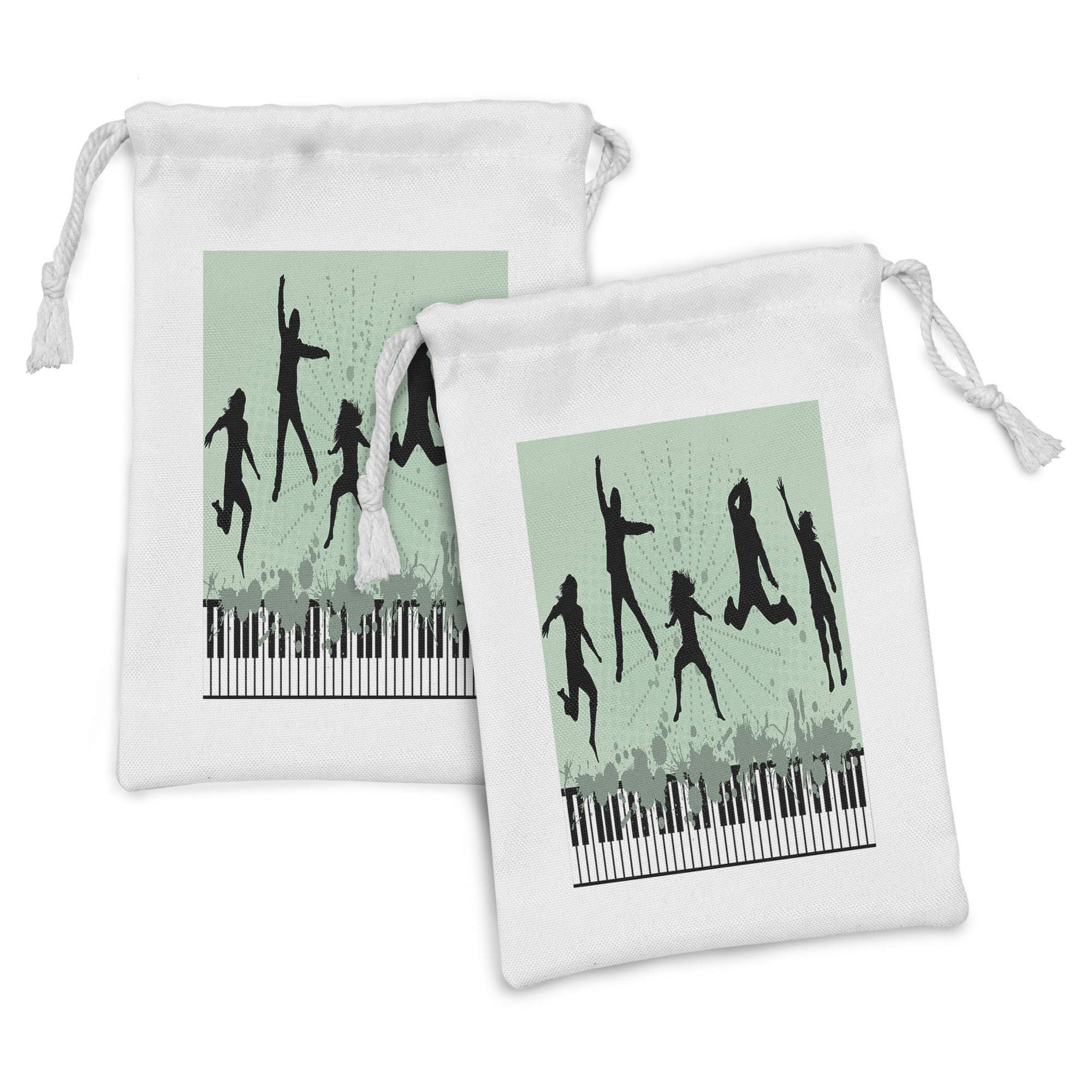 Ambesonne 2-Pack Silhouette Fabric Drawstring Pouches - Jumping Happy People Piano Grunge Splashes Music Design - 9