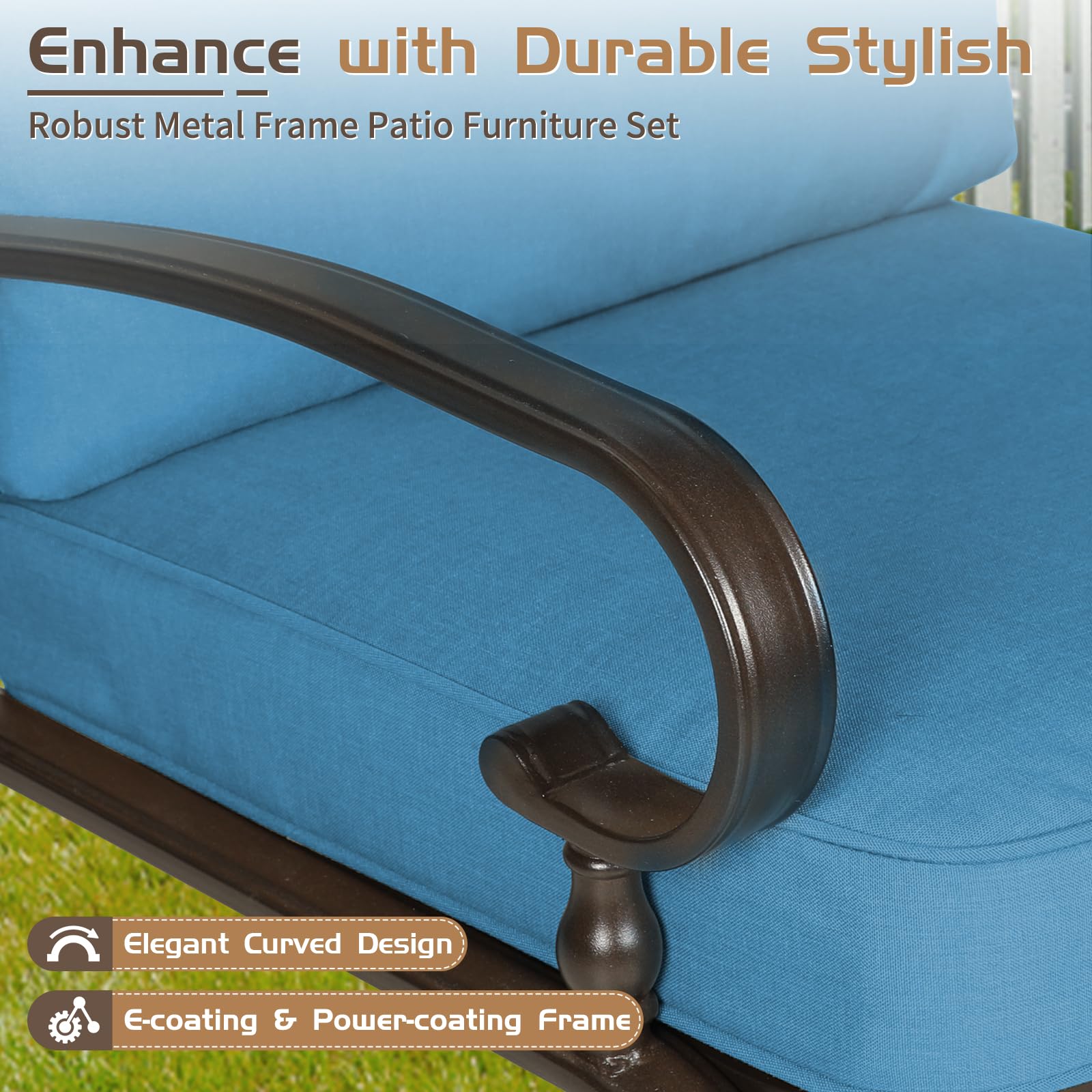 5-Piece Outdoor Patio Furniture Set - Peacock Blue Loveseat, 2 Spring Motion Chairs & Coffee Table, Durable Metal Frame Conversation Set for Garden, Backyard, Poolside or Deck Relaxation