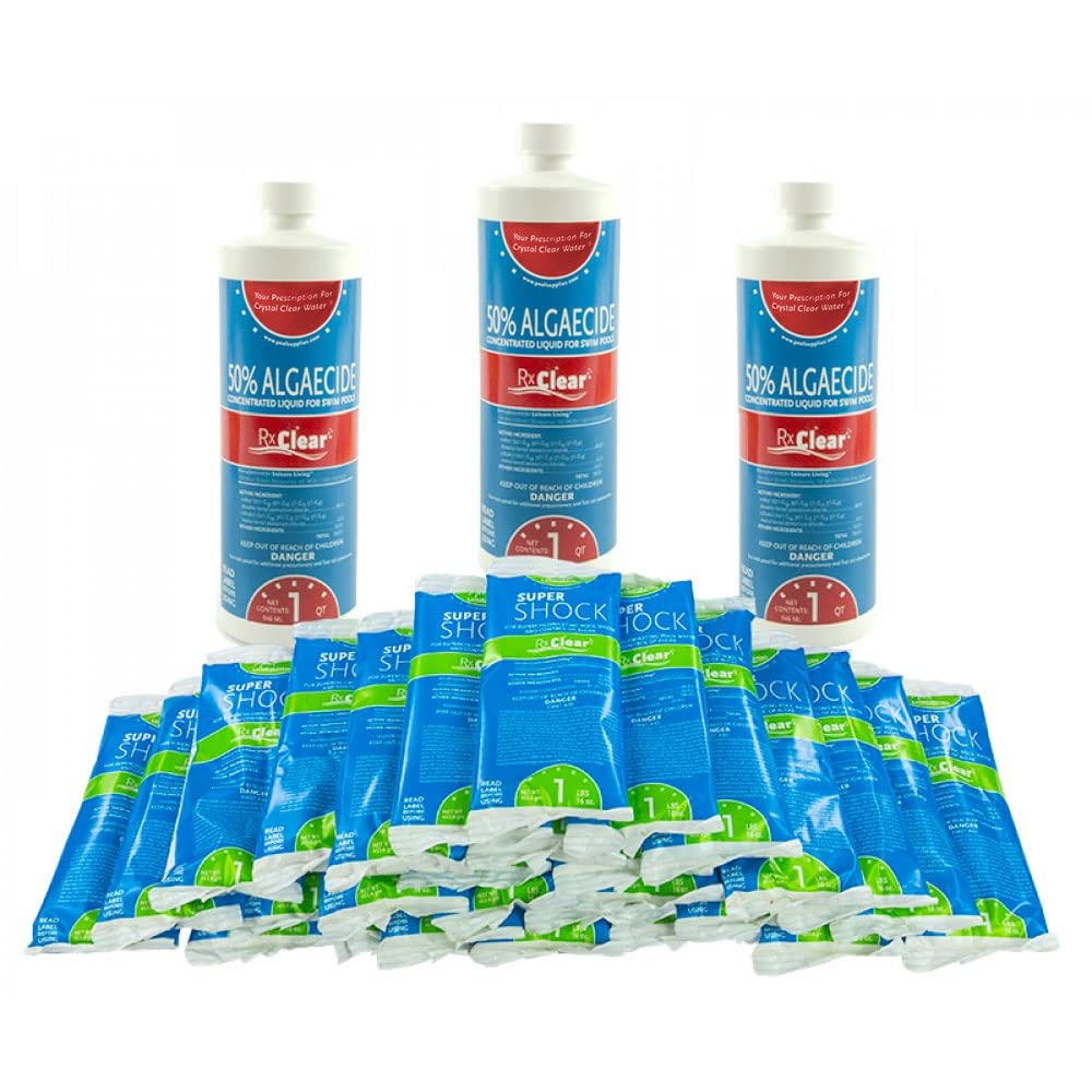 Rx Clear Algae Prevention & Pool Maintenance Kit - 3-Month Supply | 3x 18oz 50% Algaecide + 30x 1lb 68% Calcium Hypochlorite Shock | for Pools Up to 25,000 Gallons | Prevents Algae Growth & Keeps Water Crystal Clear | Perfect for Weekly Pool Maintenance & Seasonal Opening/Closing