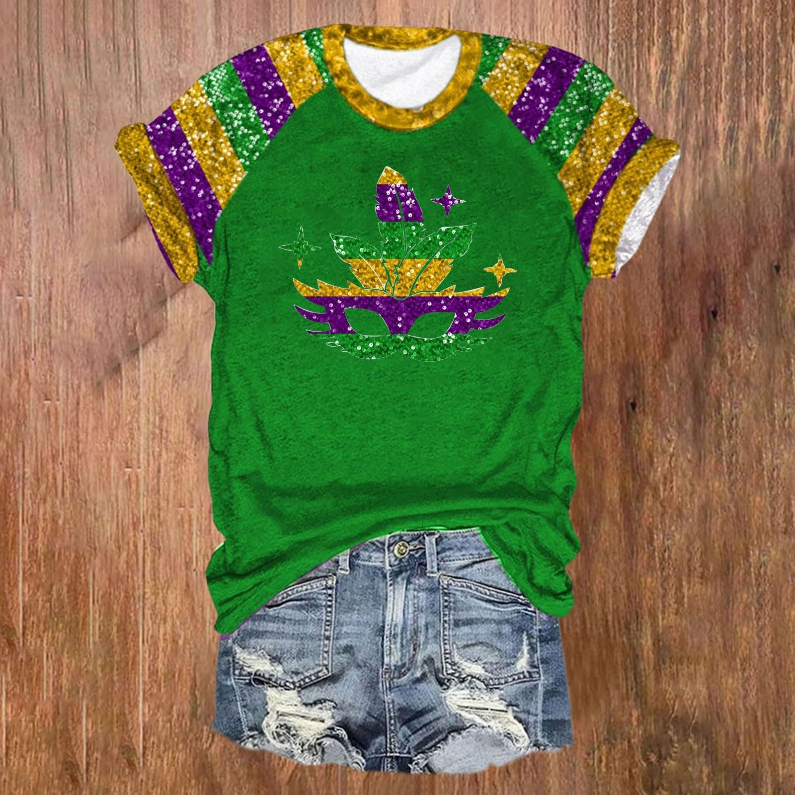 2025 Mardi Gras Shirts for Women - Short Sleeve Crewneck Graphic Tee, Fat Tuesday Carnival T-Shirt & Loose Dressy Blouse | Perfect for Mardi Gras Parties, Carnival Celebrations & Casual Wear