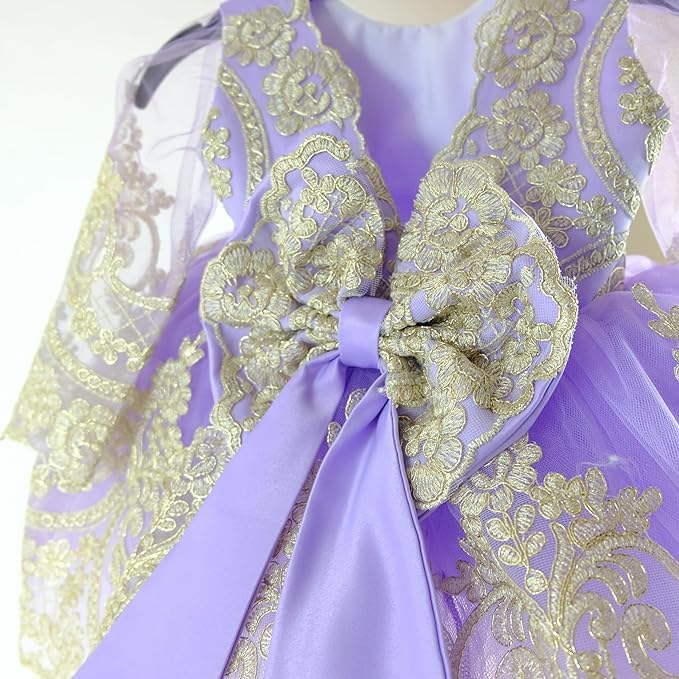 **Lilac Gold Baby Girl Tutu Dress with Bowknot & Lace - Long Sleeve Flower Girl Party Outfit for Infants (6 Months) - Perfect for Christmas, Birthday, Baptism & Special Occasions**