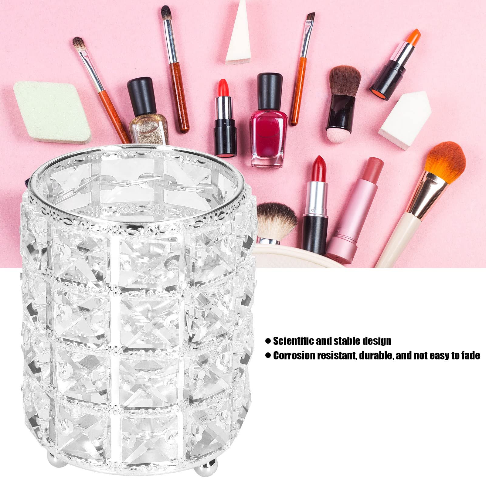 European Style Rounded Crystal Glass Cosmetic Organizer - Acrylic Makeup Brush Holder & Clear Pen Pencil Case for Bathroom, Home, Bedroom, Office (Silver) | Perfect for Makeup Storage, Desk Organization and Travel Beauty Essentials