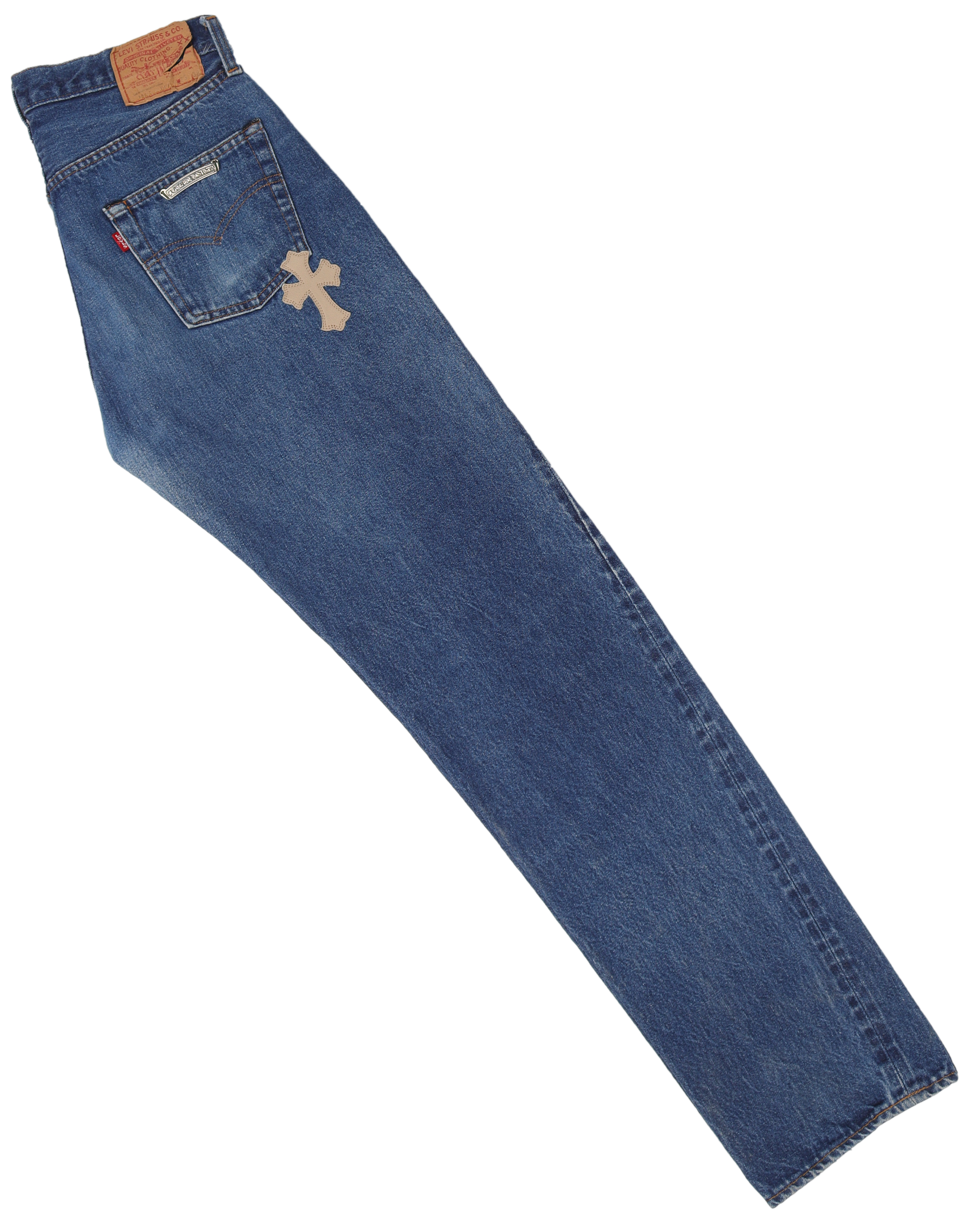 1 of 1 Levi's Cross Patch Denim Jacket - Vintage Distressed Denim with Unique Cross Embroidery | Perfect for Streetwear, Casual Outfits & Fashion Statements