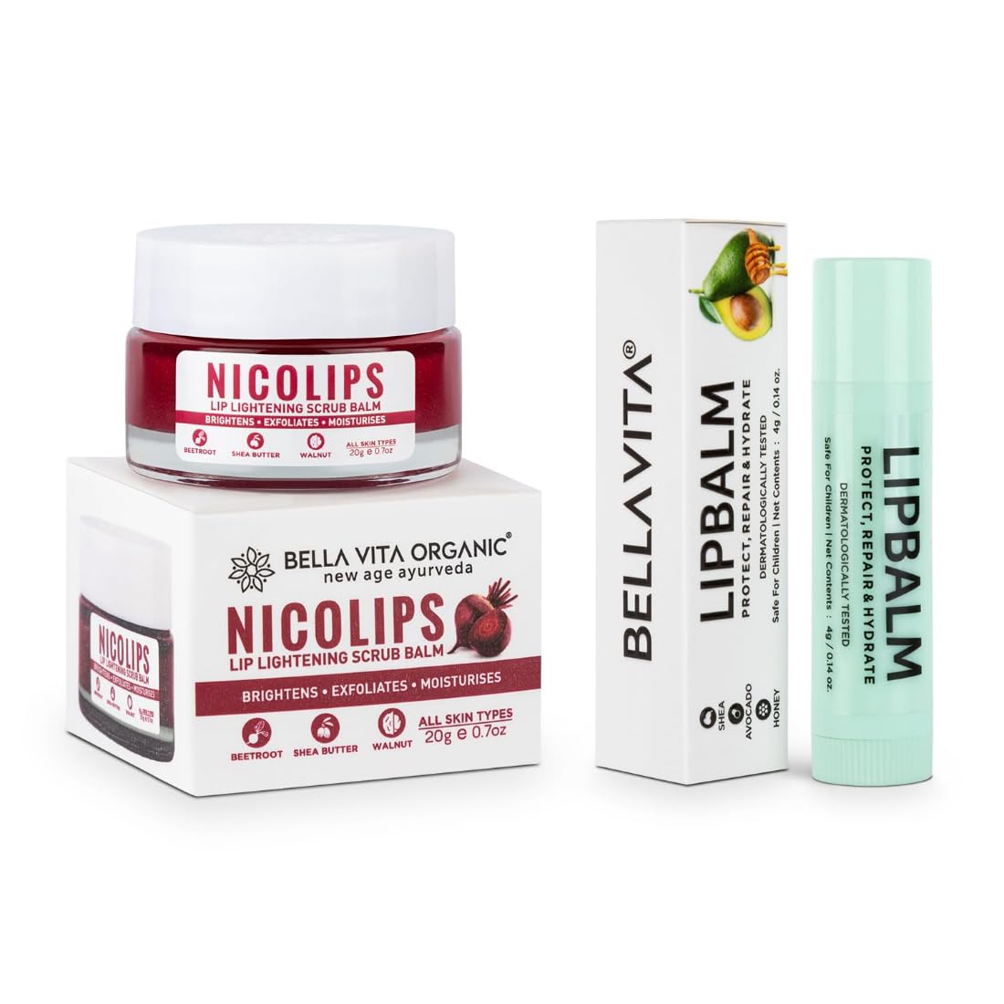 Bella Vita Organic NicoLips Lip Scrub & NicoBalm Lip Balm Combo - Natural Treatment for Dry, Chapped & Dark Lips - 20g Exfoliator + 4g Moisturizer - Perfect for Daily Lip Care & Nighttime Treatment