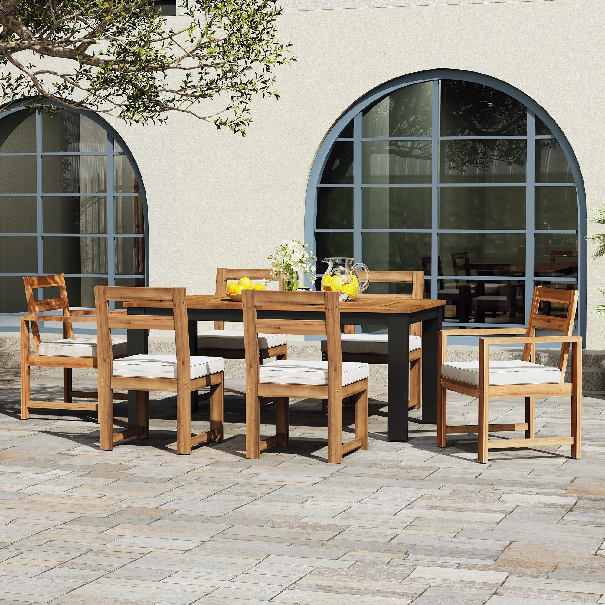 7-Piece Outdoor Patio Dining Set - Wooden Table with Umbrella Hole & 6 Chairs (2 Armchairs + 4 Side Chairs) for Garden, Backyard, Poolside - Perfect for BBQs, Family Gatherings & Outdoor Entertaining
