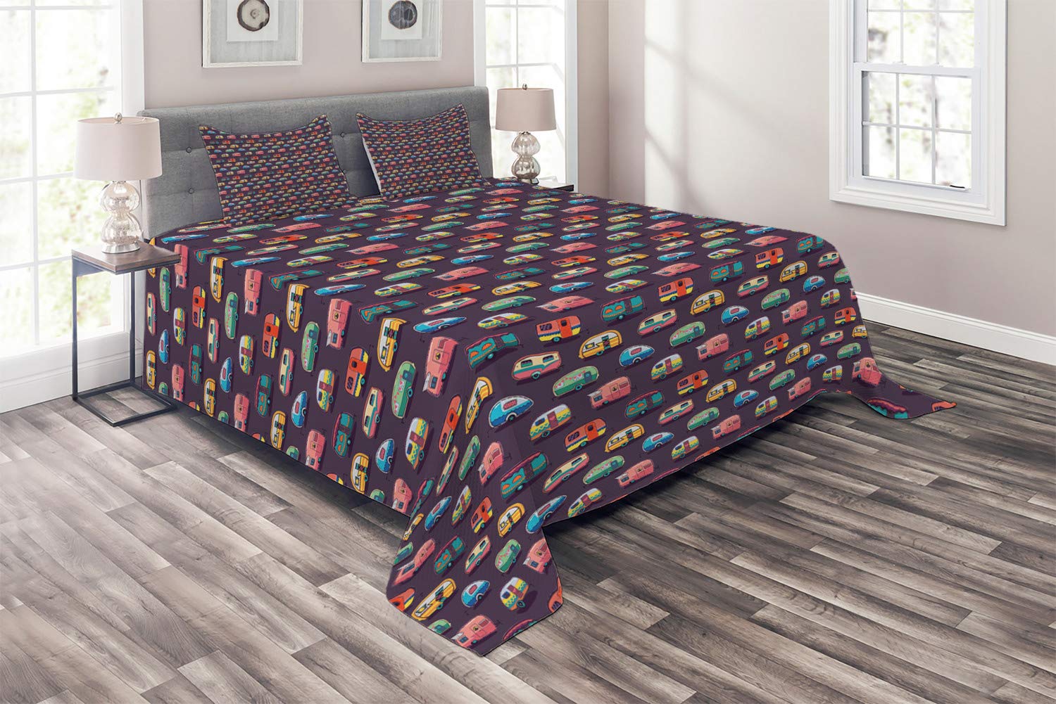 Ambesonne Happy Camper Coverlet - Retro Travel Themed Quilted Bedspread Set with Colorful Vans Pattern, 3-Piece Queen Size (Duvet Cover + 2 Pillow Shams) for Cozy Bedroom Decor | Perfect for Camping Enthusiasts & Vintage Style Lovers