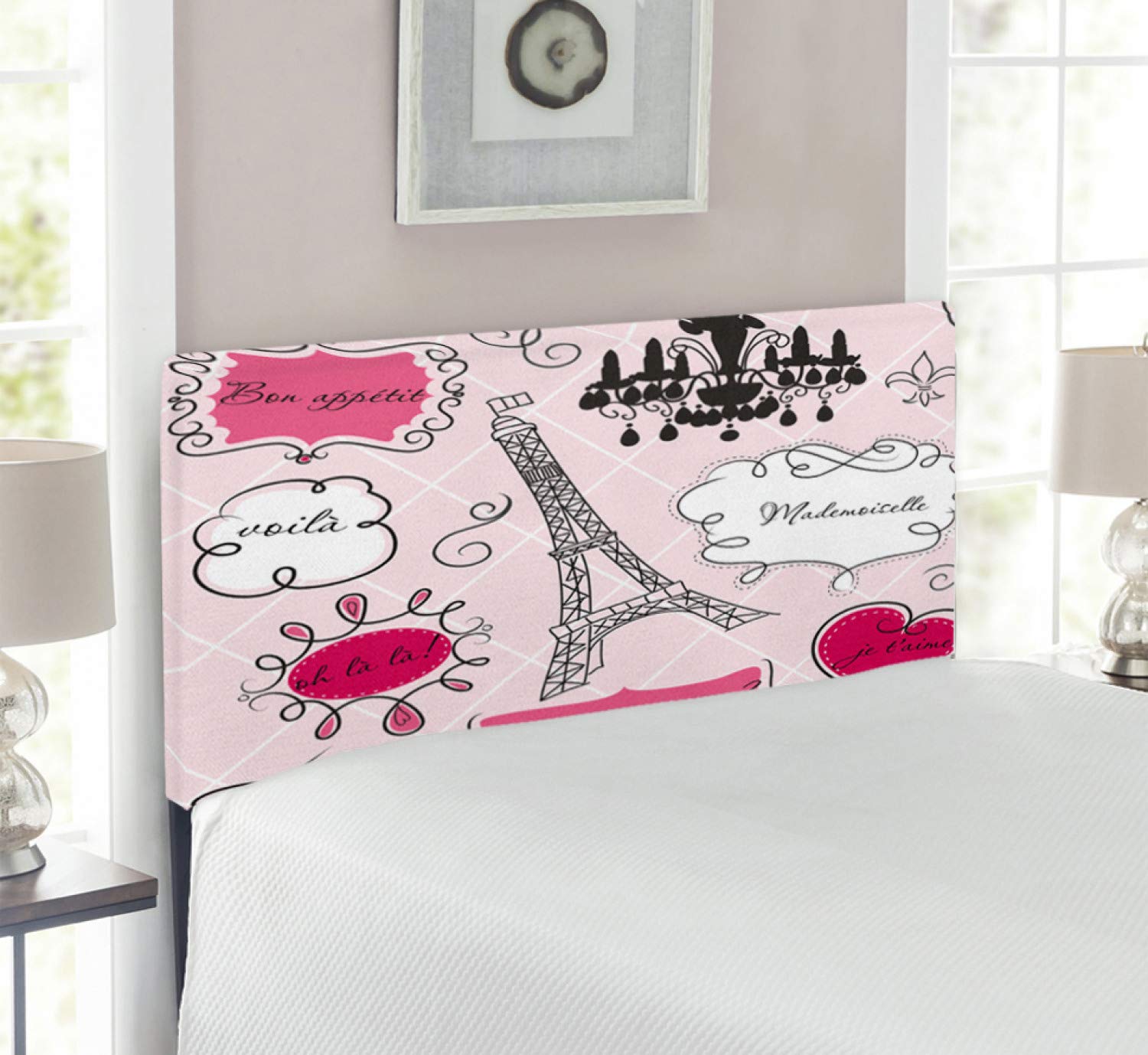 Ambesonne Romantic Upholstered Headboard - French Rococo Baroque Style with Mademoiselle Eiffel Print, Memory Foam Padding, Twin Size in Hot Pink & Black | Perfect for Bedroom Decor, Guest Rooms & Paris-Themed Interior Design