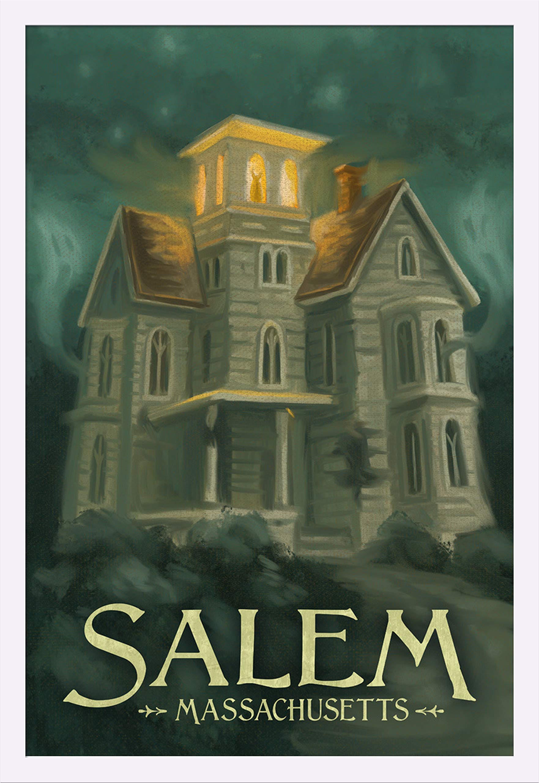 Haunted House Halloween Oil Painting - Salem Massachusetts Art Print (24x36 Giclee, Gallery Framed, White Wood) - Perfect for Spooky Home Decor & Gothic Wall Art