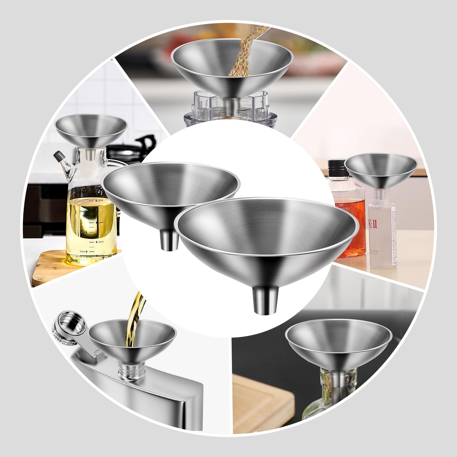 2-Piece Stainless Steel Filling Funnel Set - Mini & Large Kitchen Funnel for Essential Oils, Liquids, Spices - Perfect for Cooking, Baking, DIY Essential Oil Transfer, and Laboratory Use
