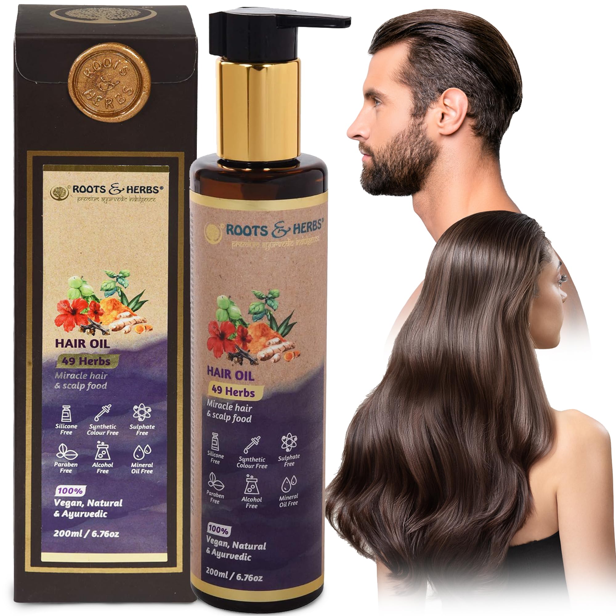 ROOTS AND HERBS 49 Herbs Hair Oil - Natural Herbal Hair Treatment for Strengthening Roots & Scalp Moisturizer - Anti-Dandruff Serum for Silk Hair Care - Beauty Product for Dry, Damaged Hair - Perfect for Daily Hair Nourishment & Styling Prep