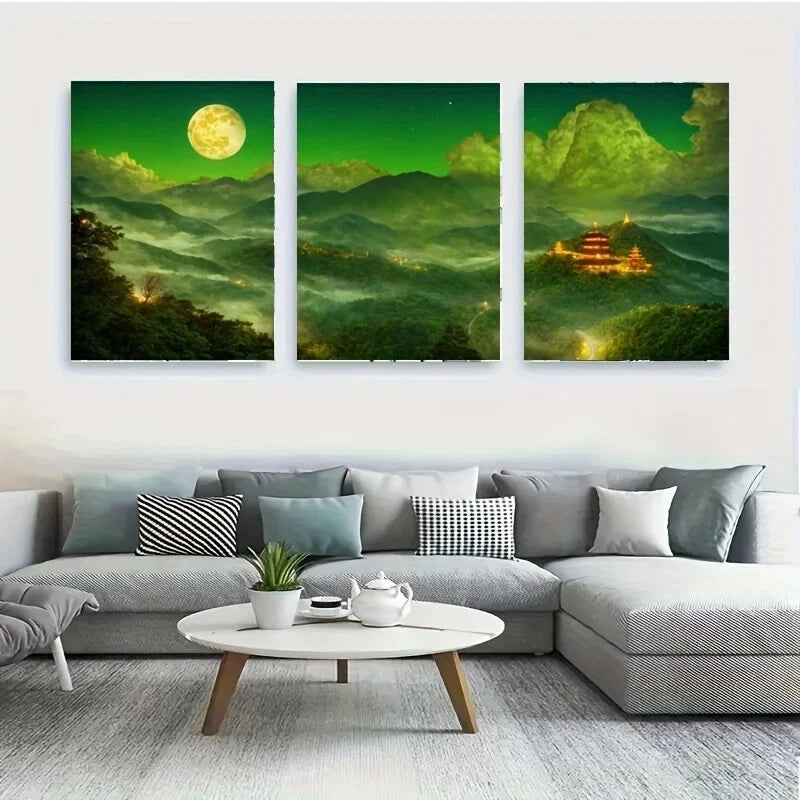 3-Piece Pagoda Metal Wall Art Prints - Ready to Hang Asian Home Decor for Living Room, Bedroom & Office