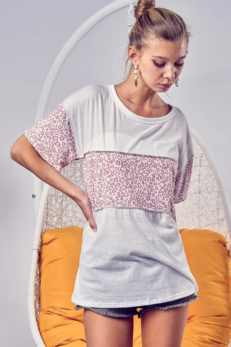 BiBi Triblend Knit Sweater with Leopard Print Block Stitching - Cozy Casual Wear for Women's Fall Fashion