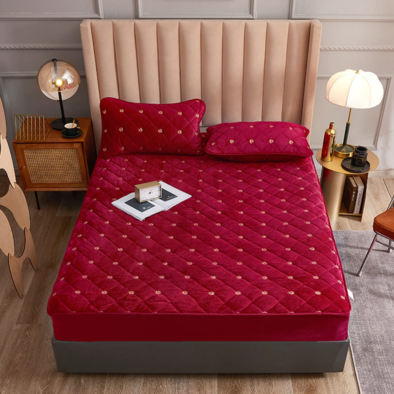 ZhangLe Milk Velvet Quilted Embroidery Mattress Cover - Deep Pocket Fitted Sheets Set with 2 Pillowcases - Solid Color Warm Bedding Protector for Autumn & Winter - Twin Size Red - Cozy Home Decor for Bedroom & Guest Room