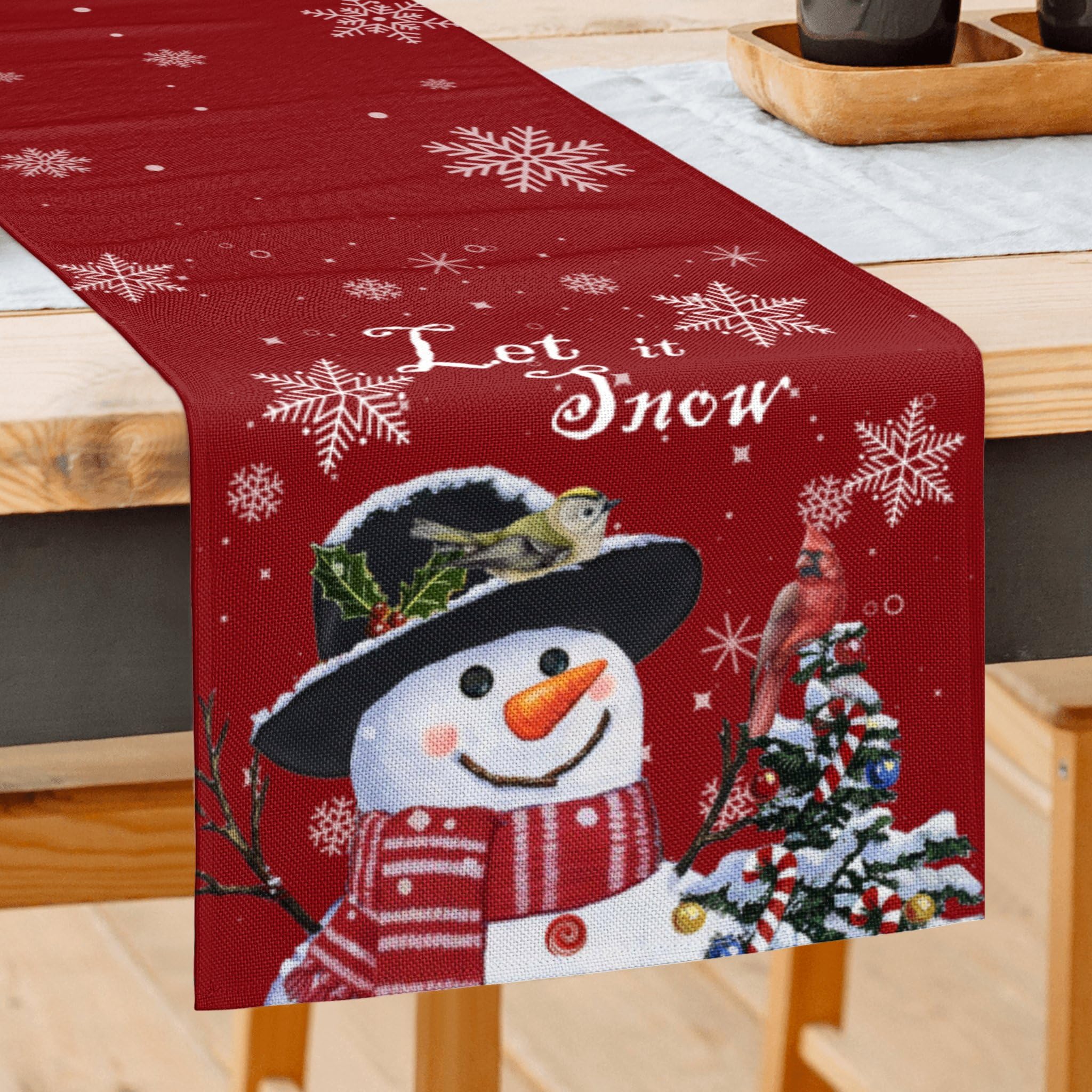 Snowman & Birds Christmas Table Runner - 13x72 Inch Rustic Farmhouse Holiday Decor for Kitchen, Dining Table, Indoor & Outdoor Winter Party | Perfect for Christmas Dinner, Holiday Gatherings & Home Decoration