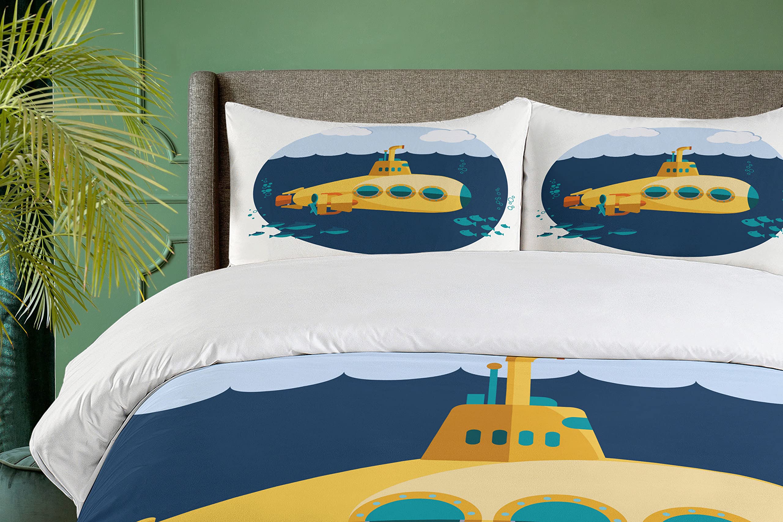 Ambesonne Yellow Submarine Duvet Cover Set - Underwater Themed 3-Piece Bedding with 2 Pillow Shams, California King Size in Earth Yellow & Navy Blue | Nautical Decor for Kids' Room, Beach House or Submarine-Themed Bedroom