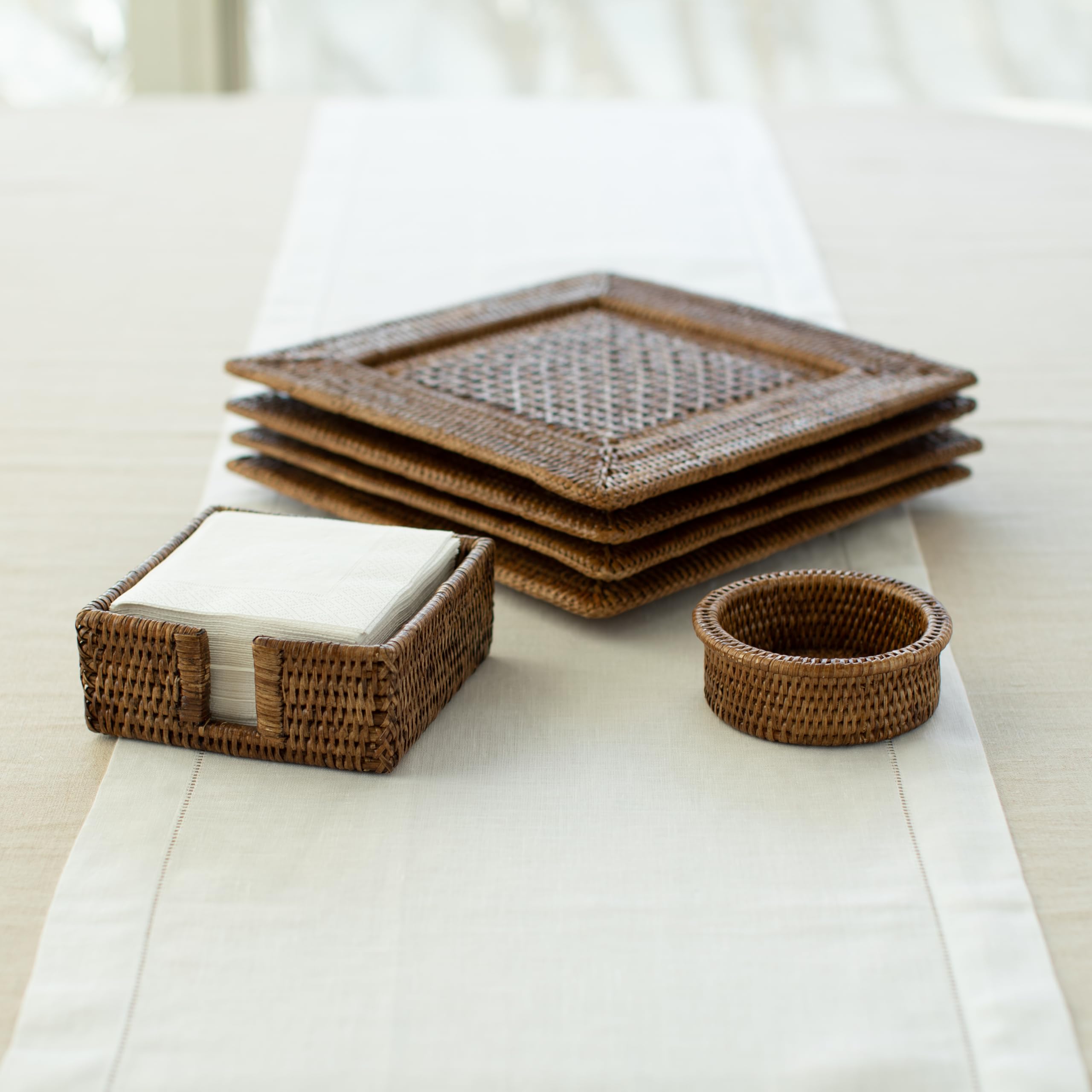 Caspari Rattan Square Plate Charger - Dark Natural Brown - Eco-Friendly Dinnerware for Wedding, Party & Home Decor