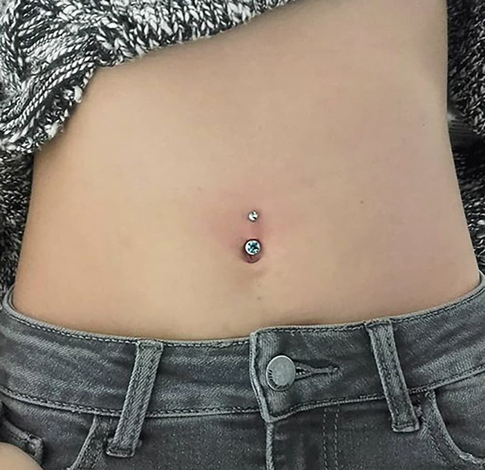 Light Blue Crystal Titanium Belly Ring - 14G Grade 23 for Navel Piercing Jewelry