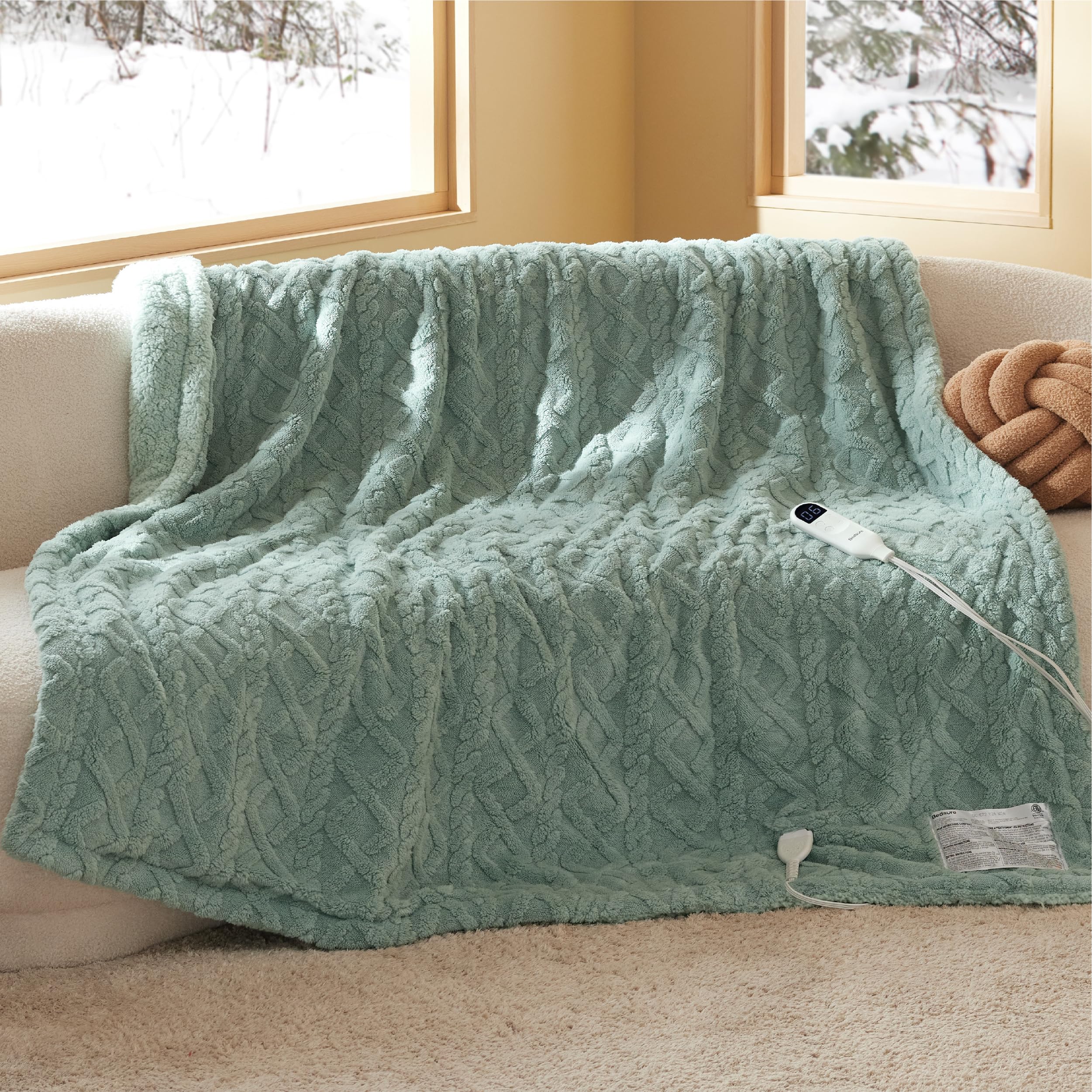 Bedsure Full Size Electric Heated Blanket - 72x84 Inch Jacquard Sherpa Heating Blanket with 6 Heat Levels & 10 Timer Settings, Ultra Soft Fluffy Warm Blanket for Winter (Sage Green) - Perfect for Bed, Couch & Home Office Use