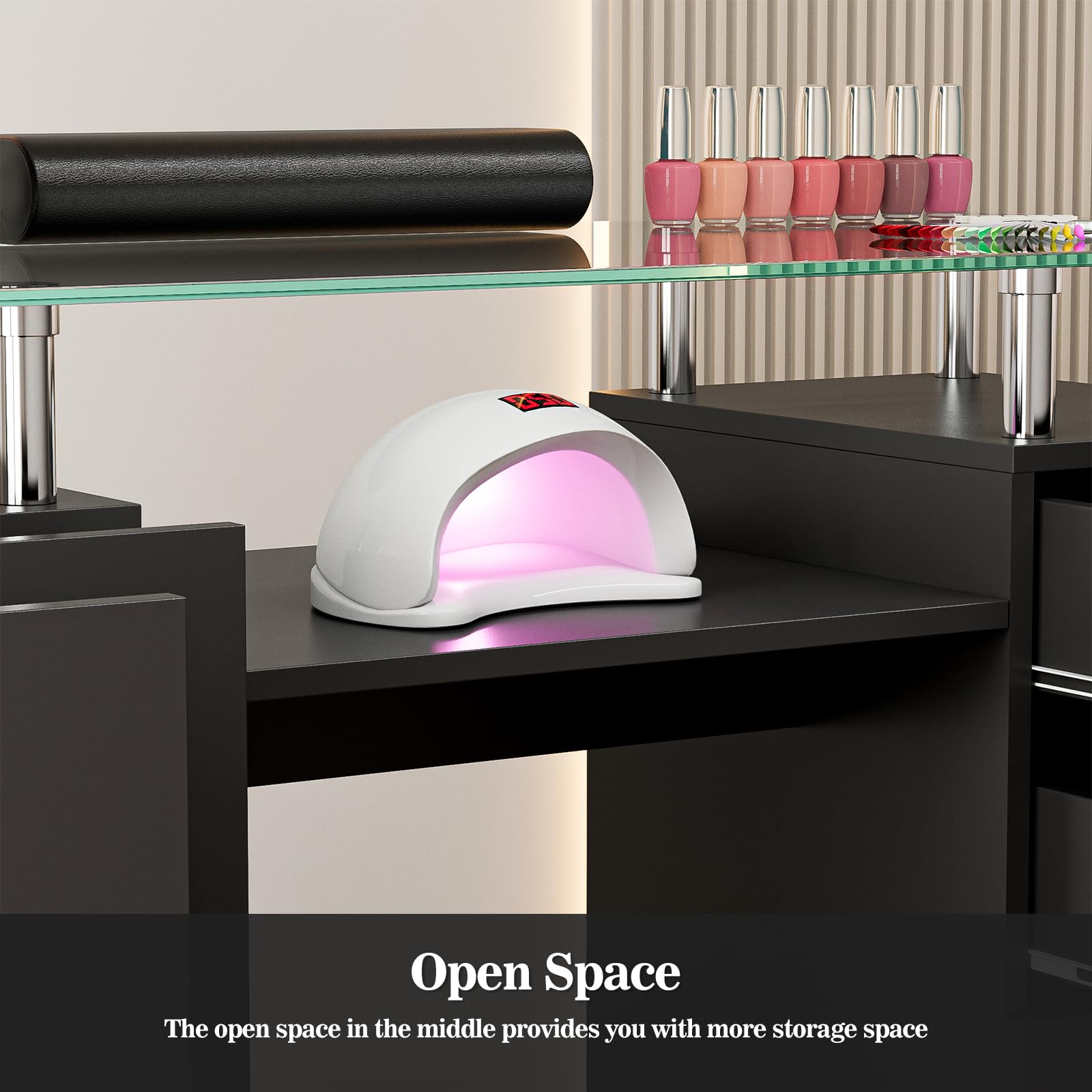 Professional Manicure Table with Tempered Glass Top - Acrylic Nail Tech Station with Storage Drawers, Open Shelves & Wrist Rest | Mobile Beauty Salon Furniture with Locking Wheels for Nail Artists & Home Use (Black) - Perfect for Nail Salons, Home Studios & Mobile Beauty Services