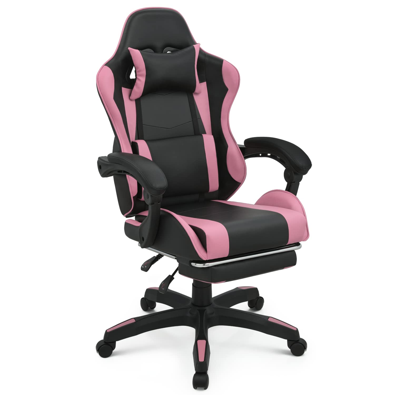 MoNiBloom Ergonomic Gaming Chair with Adjustable Headrest & Lumbar Support - Racing Style Computer Office Chair with Footrest, Height Adjustable Leather Swivel Chair for Adults & Teens - Perfect for Home Office, Gaming Setup & Esports (Pink)