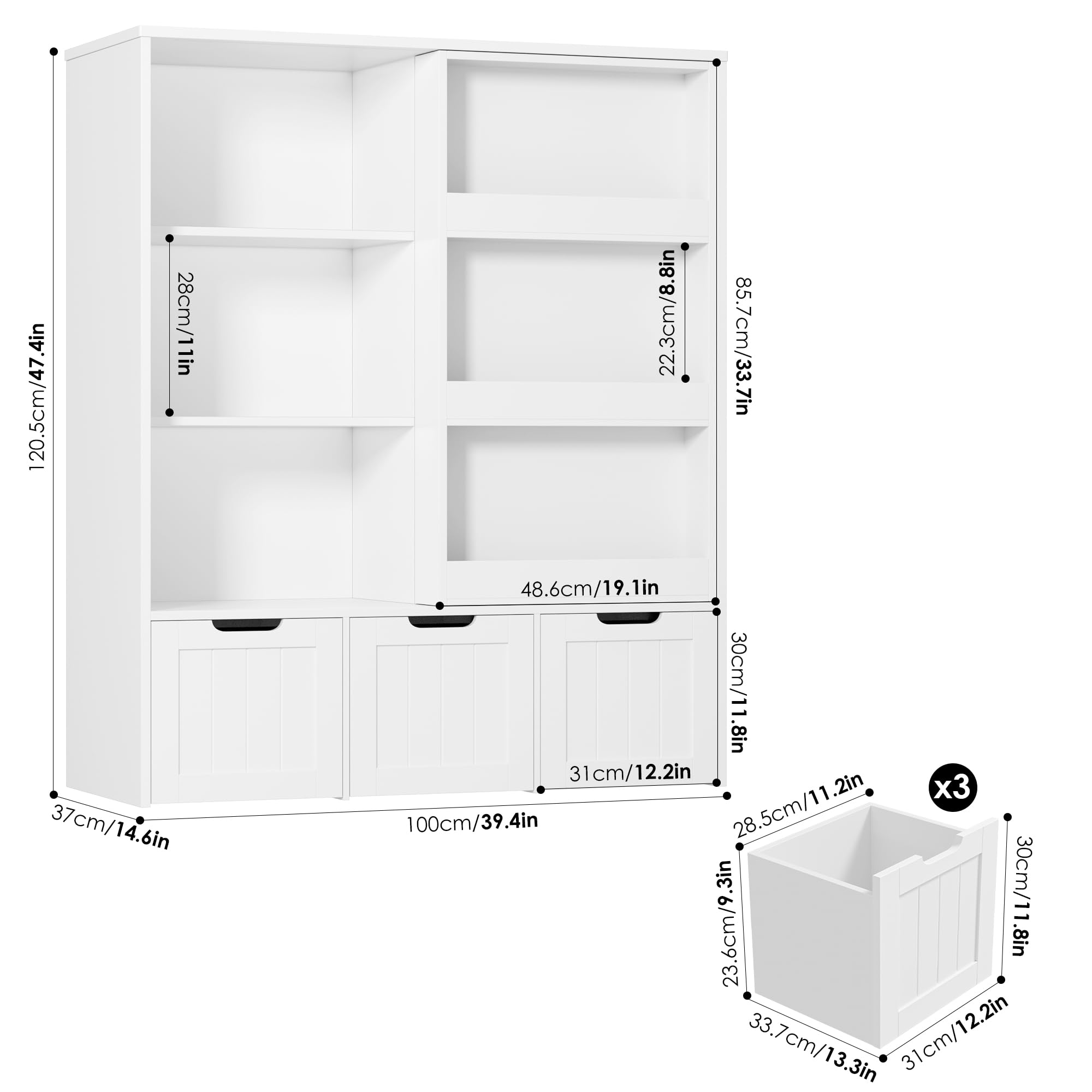 FOTOSOK Kids Toy Storage Organizer with Sliding Bookshelf - 3 Movable Drawers & 6 Storage Cubbies for Playroom, Bedroom Organization - Perfect for Storing Toys, Books, and Kids' Accessories