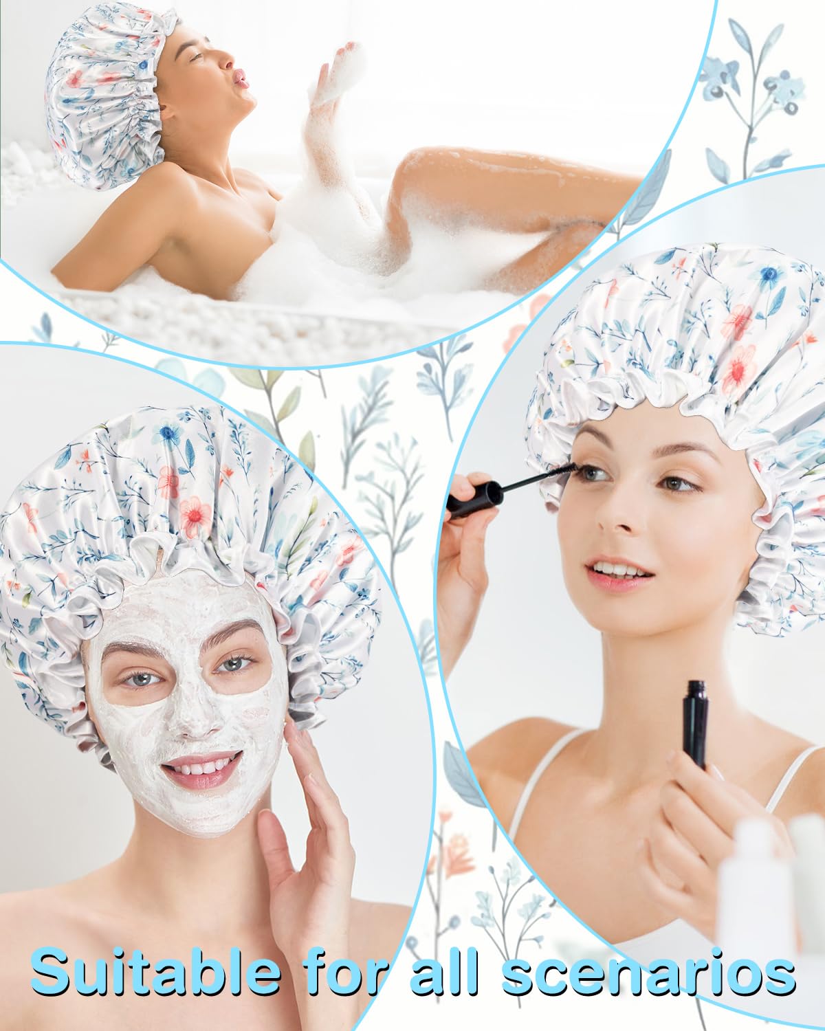 Waterproof Shower Cap for Women with Long Hair - Double Layer Reusable Bath Cap with Soft PEVA Lining | Non-Fading & Comfortable | Perfect for Swimming, Spa, Hair Care & Travel