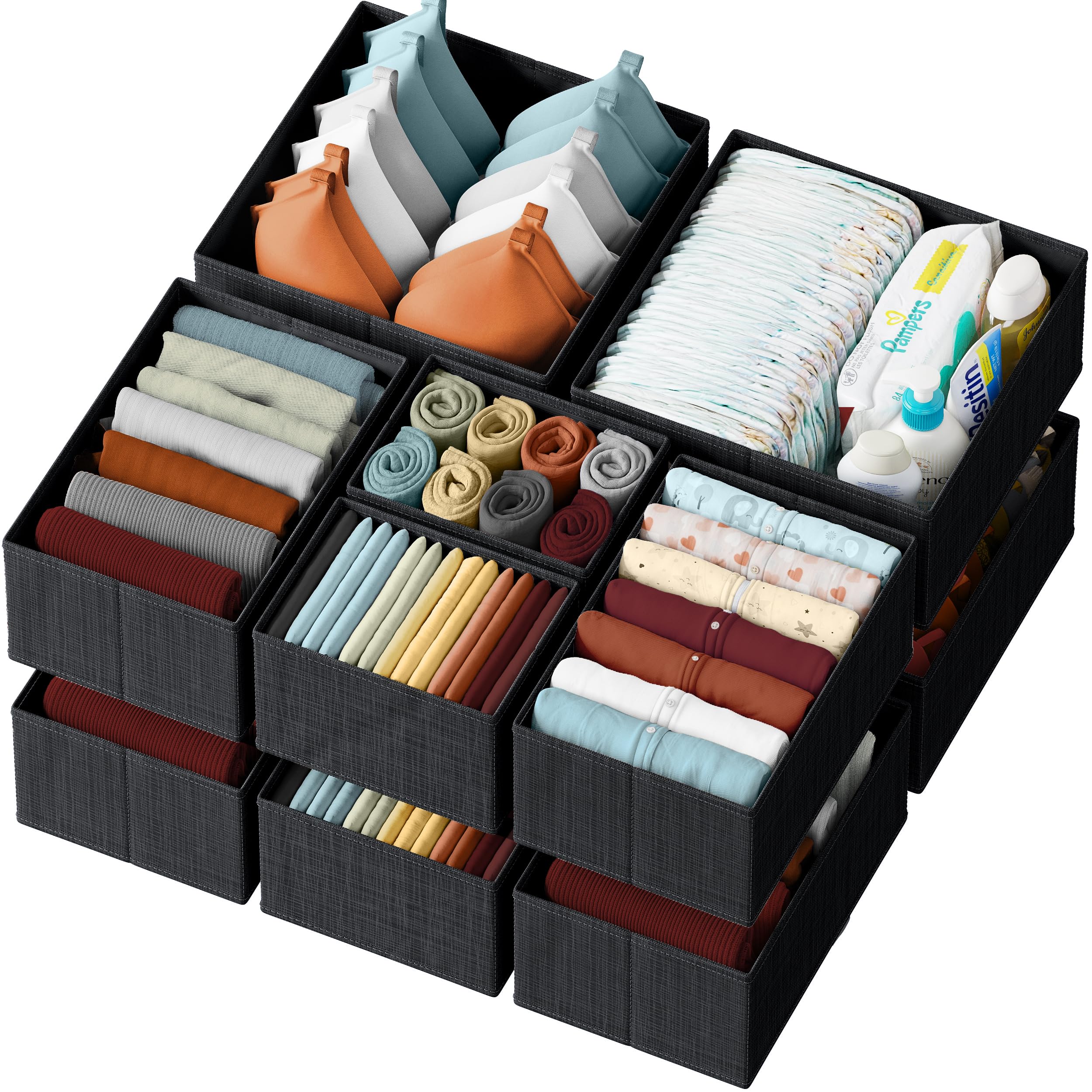 12-Piece Black Drawer Organizer Set for Clothes - Perfect for Nursery, Bedroom & Closet Storage | Baby Clothes Organizer & Dresser Drawer Dividers | Ideal for Newborn Wardrobe Organization & Home Storage Solutions
