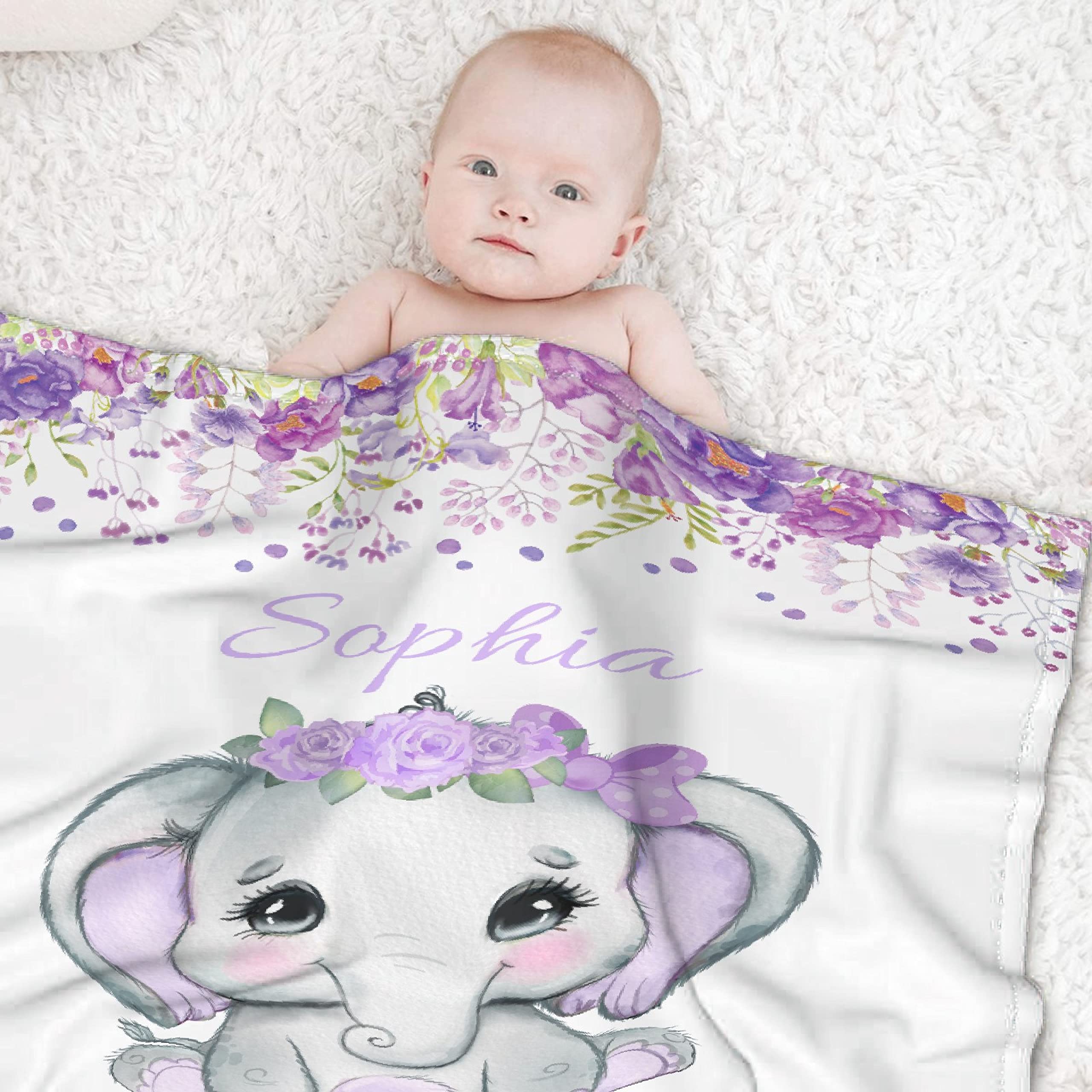 Personalized Baby Blankets for Girls and Boys - Custom Name Baby Blanket Gift - Soft Cozy Fleece Elephant Throw Blanket for Newborns - XL Size for Nursery, Crib, Stroller & Family Cuddles
