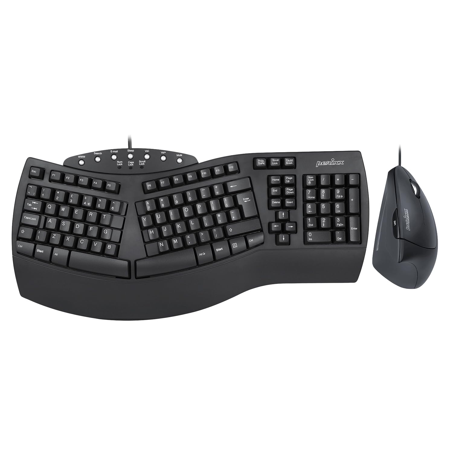 Perixx PERIDUO-512B Wired Ergonomic Keyboard and Vertical Mouse Combo - USB Black - US English Layout - Perfect for Office Work, Gaming & Computer Use