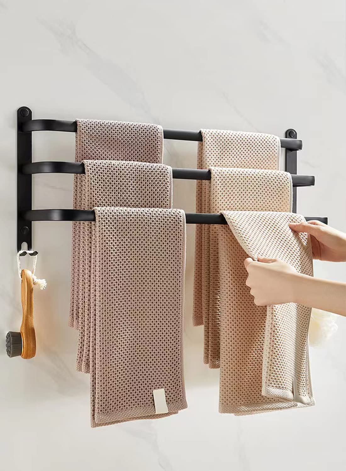 60cm No Drill Black Wall Mounted Towel Rail - Bathroom & Kitchen Towel Holder for Hand, Dish & Bath Towels - Space Saving Bathroom Accessory Set for Small Spaces