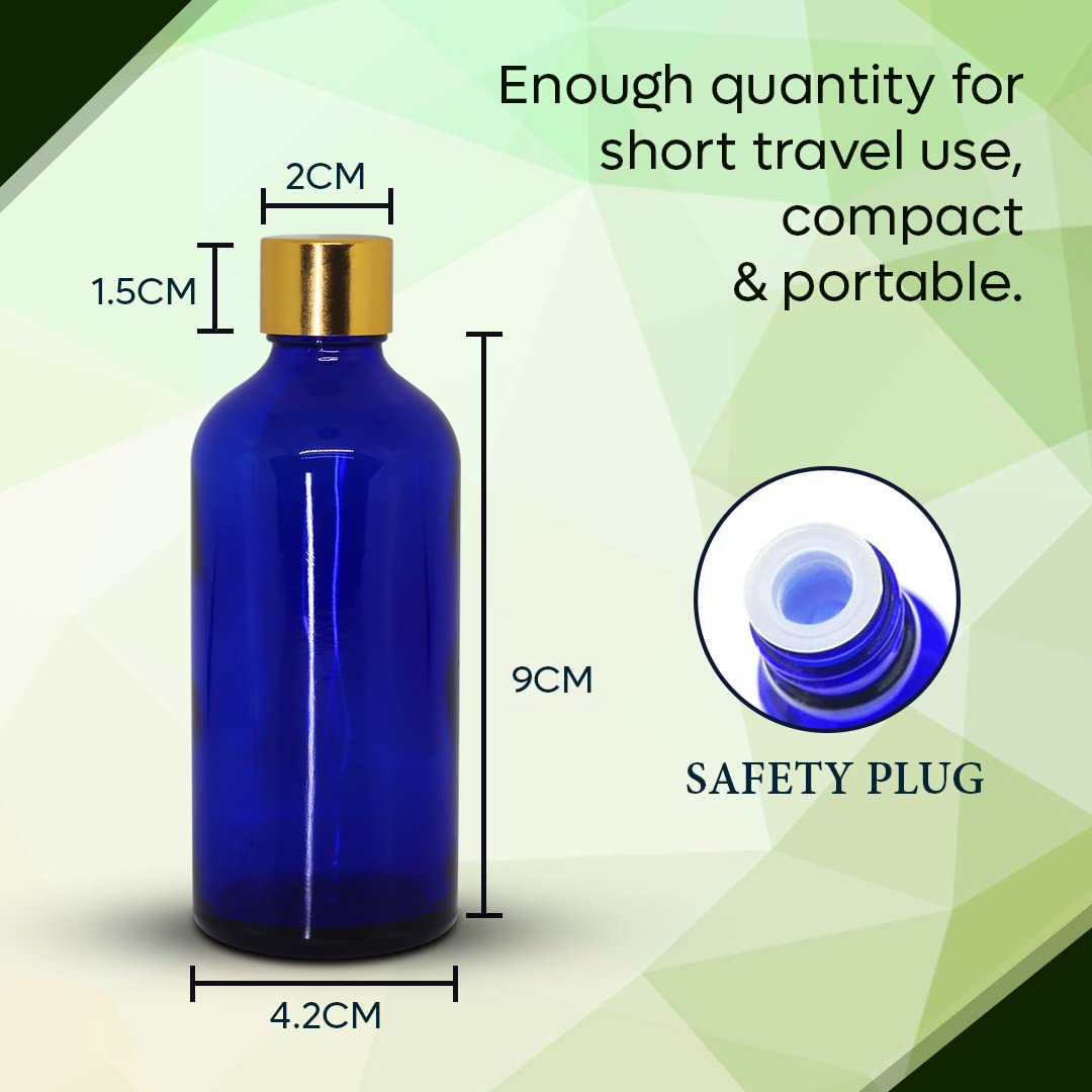 NSB Herbals 100ml Cobalt Blue Round Empty Glass Bottle with Gold Seal Cap & Safety Plug - Refillable, Reusable, Leak Proof for Essential Oils, Perfumes, Face Serums & DIY Blends - Perfect for Aromatherapy, Travel & Home Storage