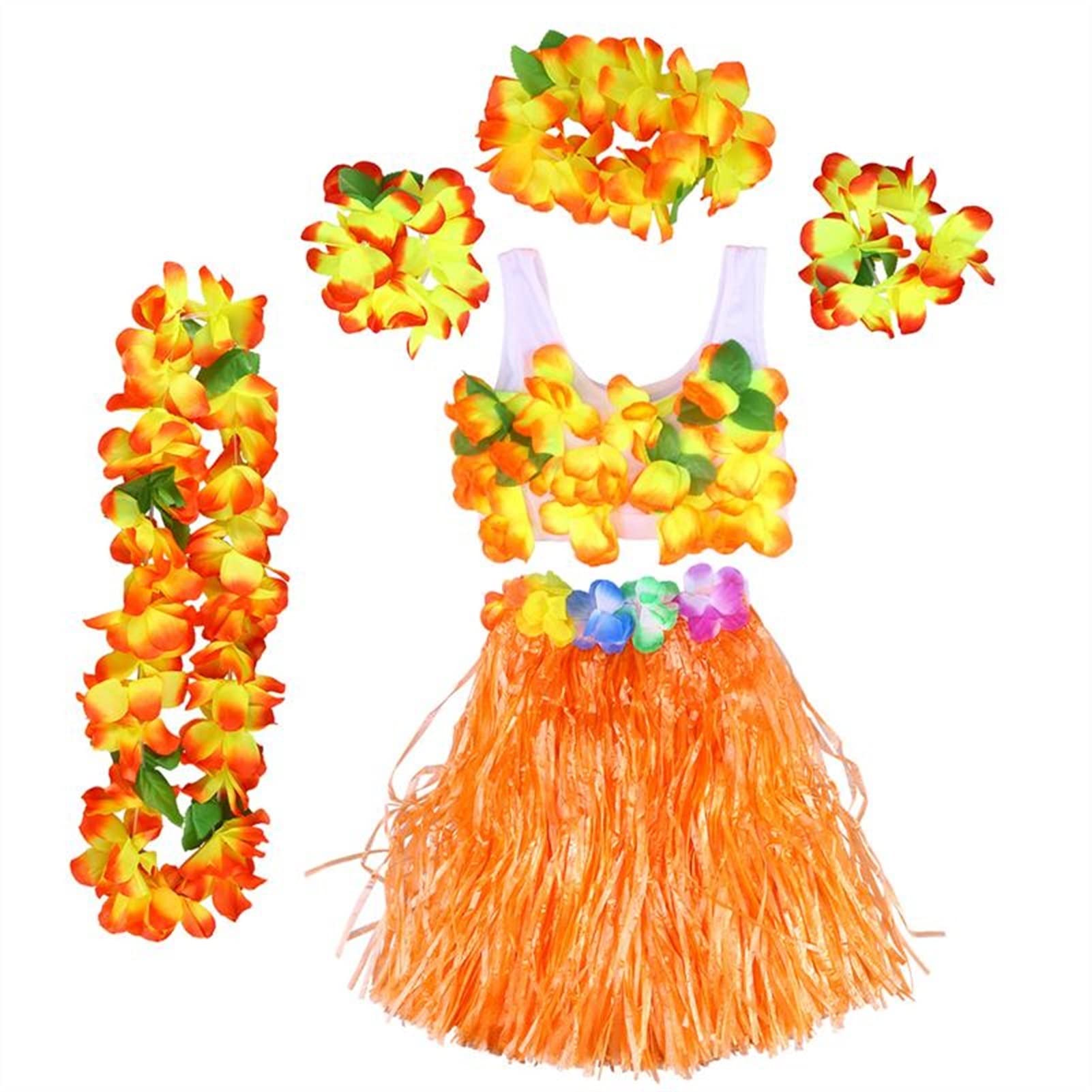 6Pcs Hawaiian Tropical Flower Wreath Set - Hula Grass Skirt, Leis, Headband, Bracelet & Necklace for Kids Party, Luau Costume & Home Door Decor - Perfect for Hawaiian Themed Parties, Luaus, and Tropical Farmhouse Front Door Decorations