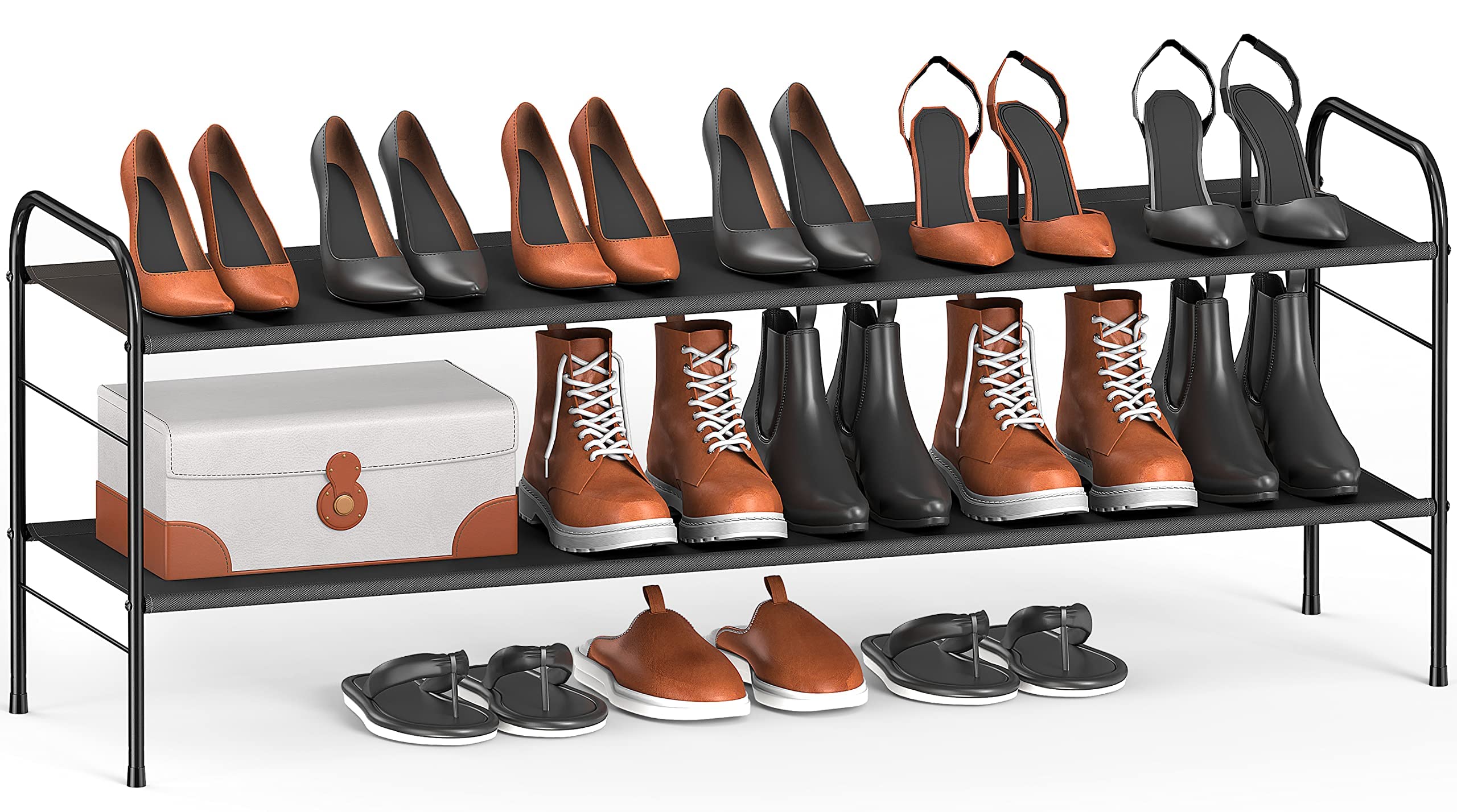 2-Tier Long Shoe Rack Organizer - Wide Storage Shelf for Entryway, Closet & Bedroom - Black (Holds 12-15 Pairs of Shoes) - Space Saving Shoe Storage Solution for Home & Apartment