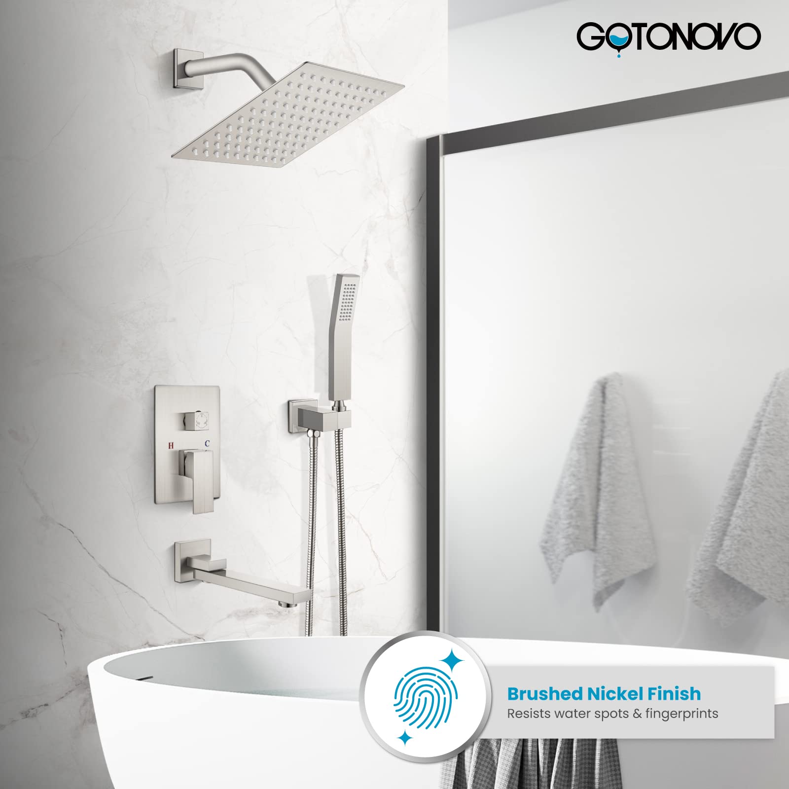 Gotonovo Brushed Nickel Wall Mount Shower Faucet Set - Triple Function Bathroom Shower System with 8