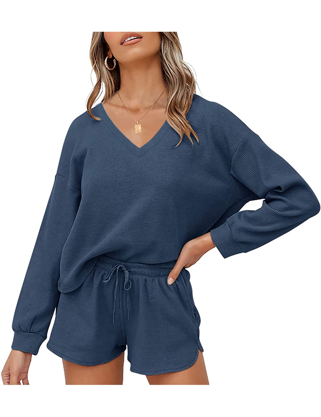 MEROKEETY Women's Long Sleeve Waffle Knit Lounge Set - V-Neck Top & Shorts 2-Piece Pajama Set with Pockets | Cozy Sleepwear for Women | Perfect for Lounging, Sleeping & Relaxing at Home