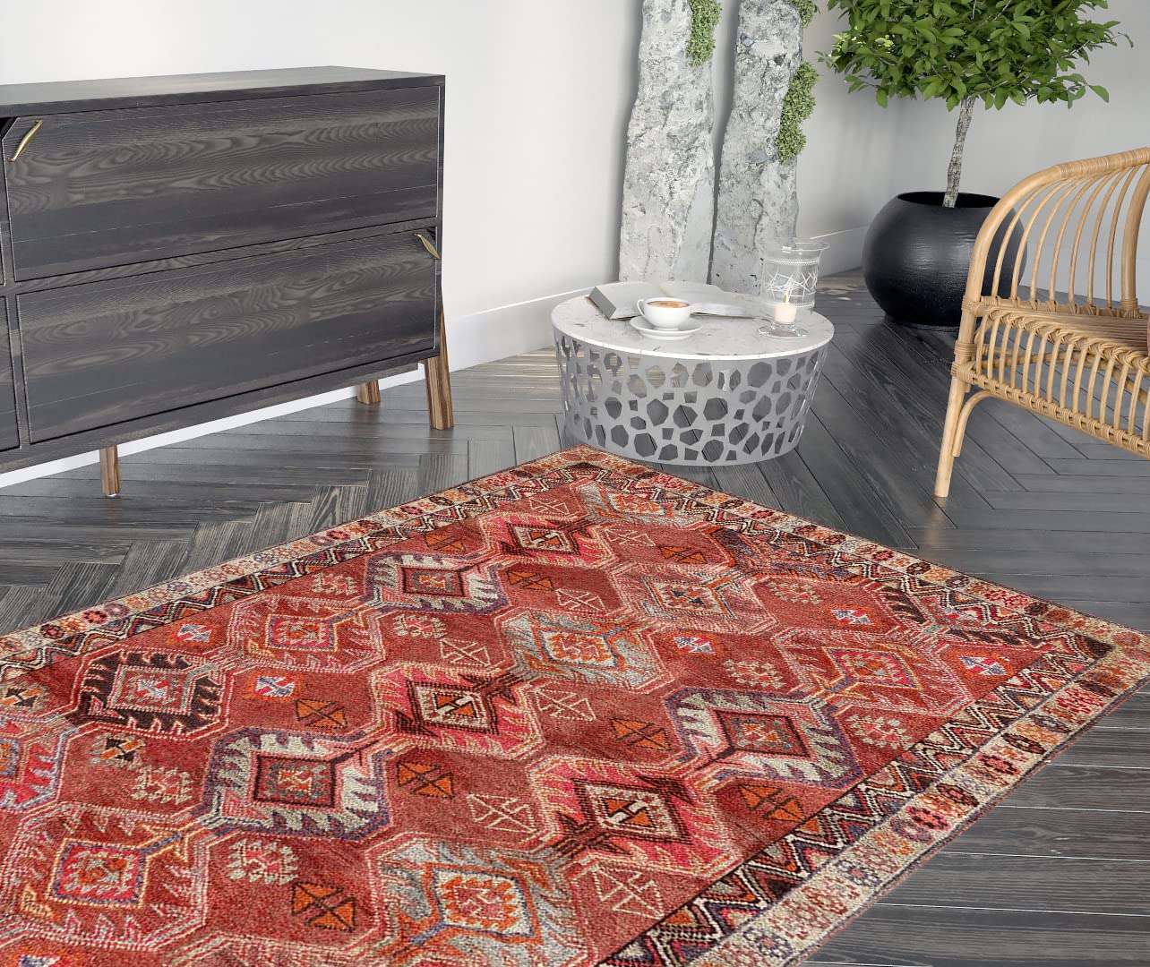 Vintage Persian Area Rug 6' x 9' - Heriz Collection Handmade Kilim Rug, Washable Non-Shedding Stain Resistant for Living Room Dining Room Bedroom | Pet Friendly Home Decor | Aged FireBrick & Multi Color Traditional Design