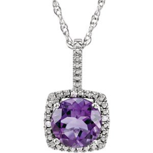 Elegant Halo-Style Amethyst & Diamond Necklace - .015 CTW, Sterling Silver, 18
