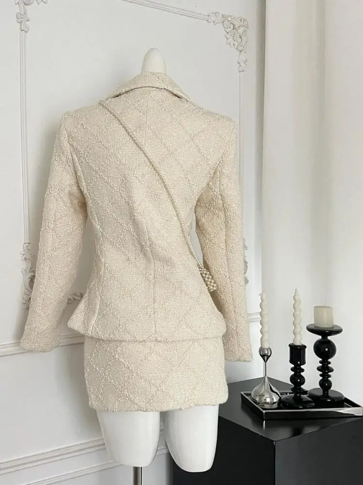 Vintage Women's Two Piece Set - Long Sleeve Single Breasted Beige Coat & High Waist Skirt | Fall Winter Fashion Outfit for Work, Date & Holiday Events