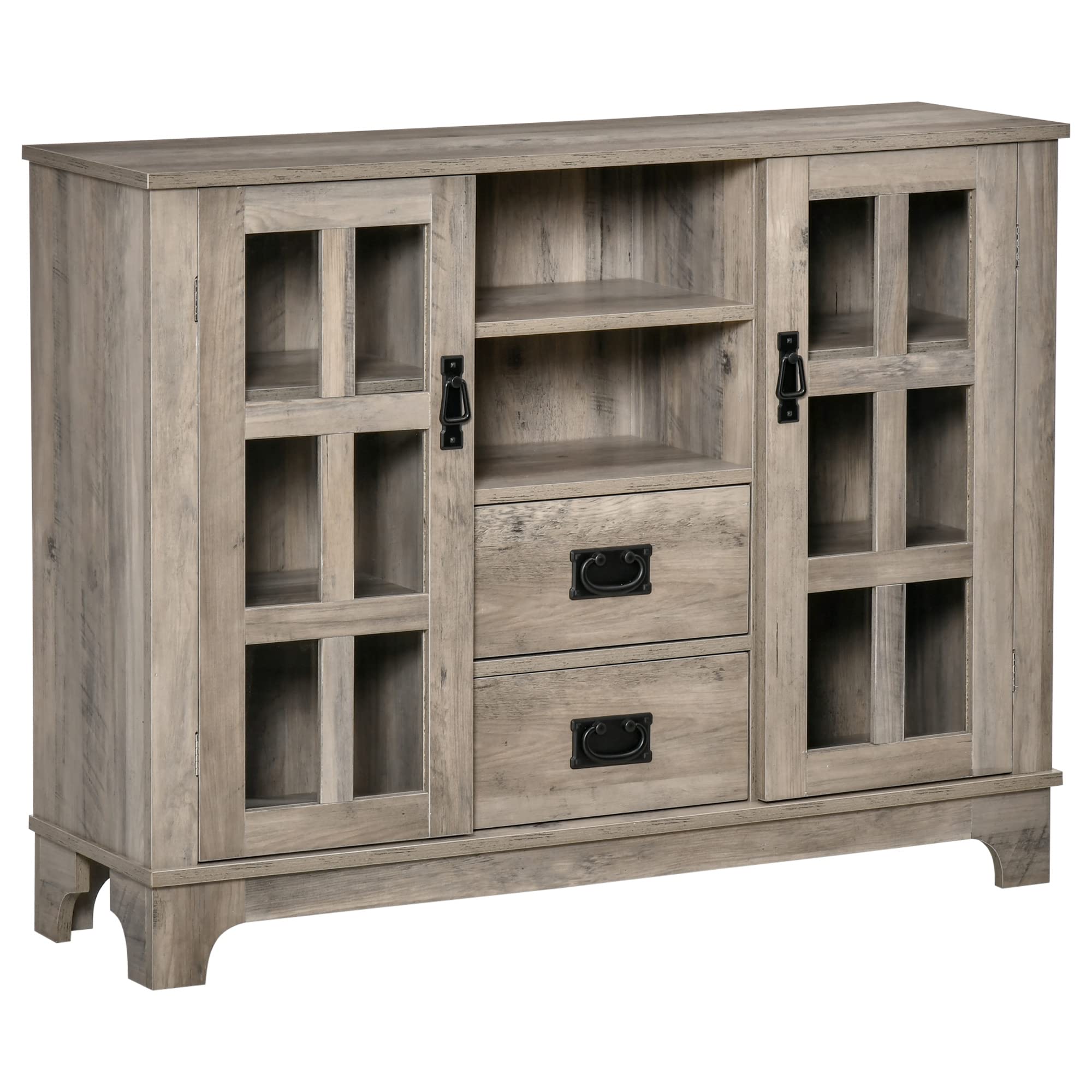 HOMCOM Grey Kitchen Sideboard Buffet Cabinet with Glass Doors, Storage Drawers & Adjustable Shelves - Modern Dining Room Storage Furniture for Home Organization & Entertaining