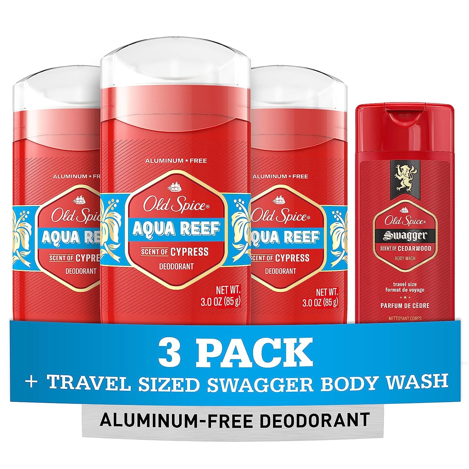 Old Spice Aluminum-Free Deodorant for Men - Aqua Reef Scent, 3-Pack (3.0oz Each) + Travel-Size Swagger Body Wash | Fresh All Day, Gym & Outdoor Activities