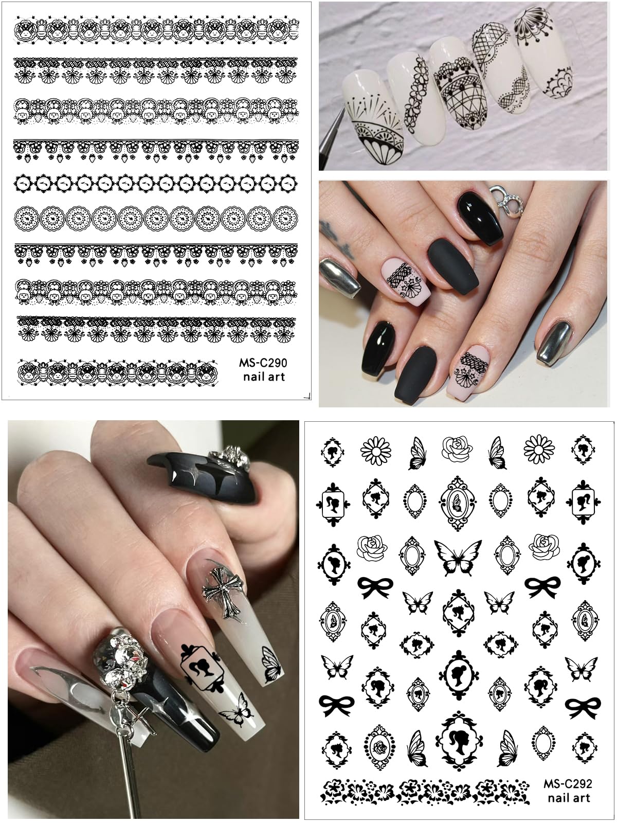 EBANKU 9 Sheets Black Lace Flower 3D Nail Art Stickers - Self-Adhesive Nail Decals for Women & Girls DIY Manicure - Perfect for Parties, Weddings, and Special Occasions