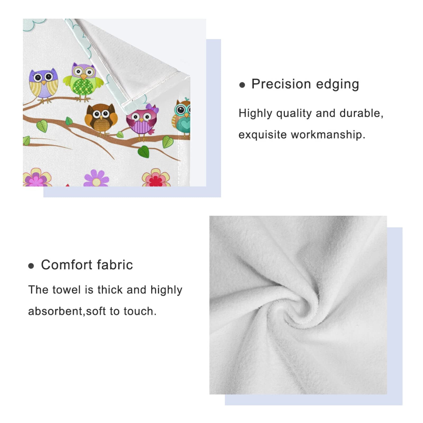 Poeticcity Set of 3 Soft Absorbent Cotton Towels - 1 Bath Towel, 1 Hand Towel & 1 Washcloth with Colorful Owl Branch Design for Spa, Bathroom, Hotel, Kitchen & Gym Use | Ultra Soft & Quick-Drying
