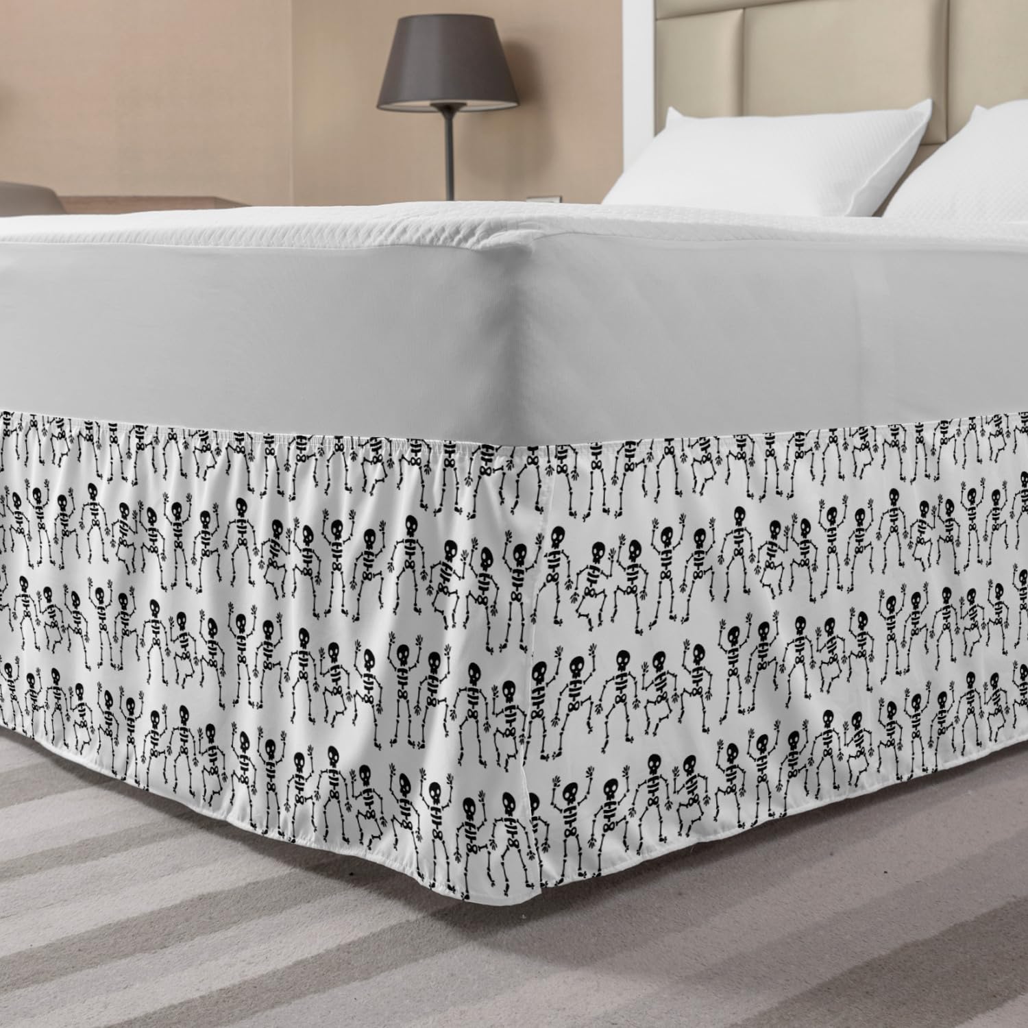 Ambesonne Funny Dancing Skeletons Bed Skirt - Whimsical Bone Pattern Wrap Around Elastic Bedskirt with Gathered Design, King Size, Charcoal Grey & White - Perfect for Halloween Decor, Gothic Bedroom Theme or Unique Home Decor