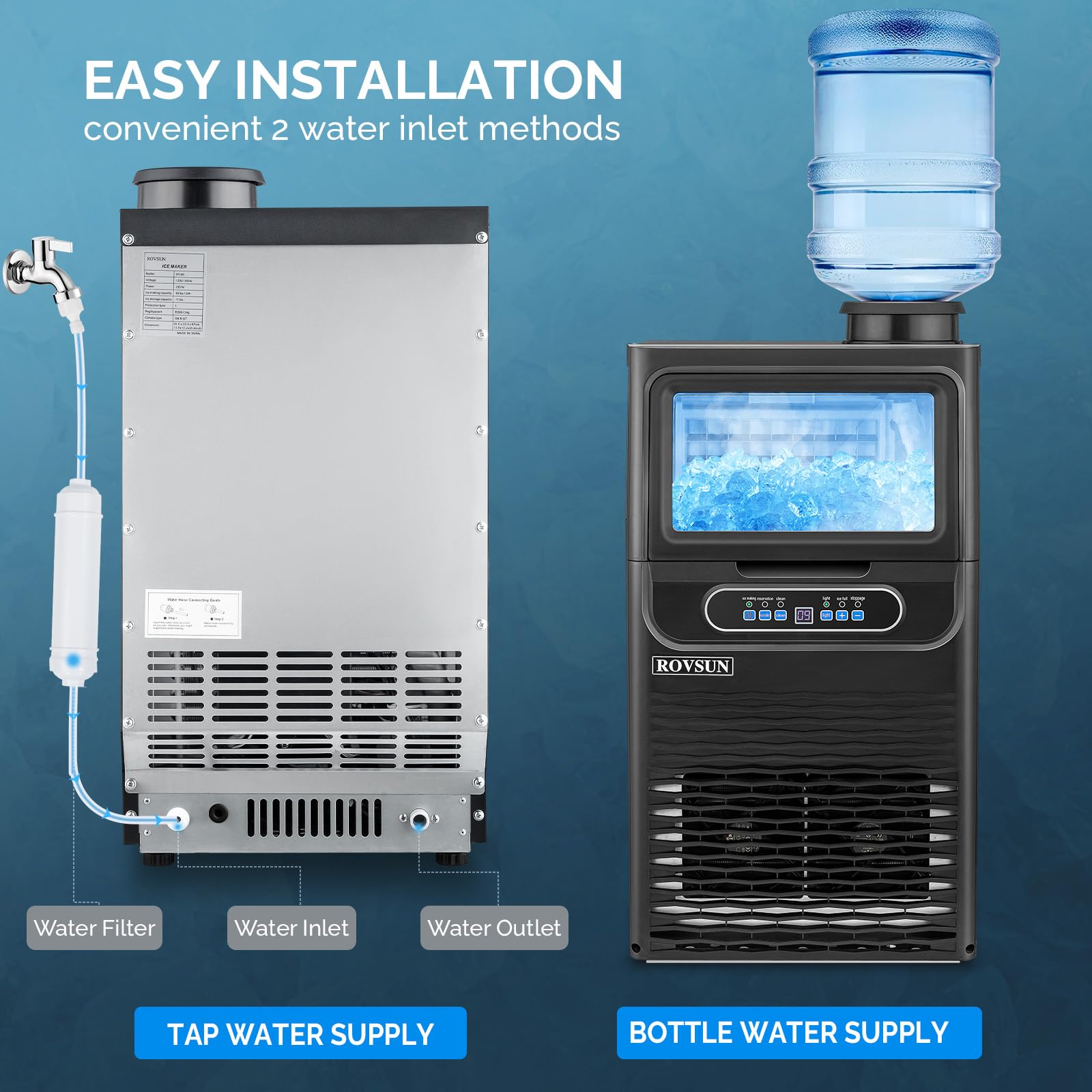 ROVSUN 90LBS/24H Commercial Ice Maker Machine with 2 Water Inlets - Freestanding/Countertop Ice Machine with 11lbs Storage Bin, Ice Scoop & Water Filter - Perfect for Home, Office, Restaurant, Bar, Cafe, and Light Commercial Use