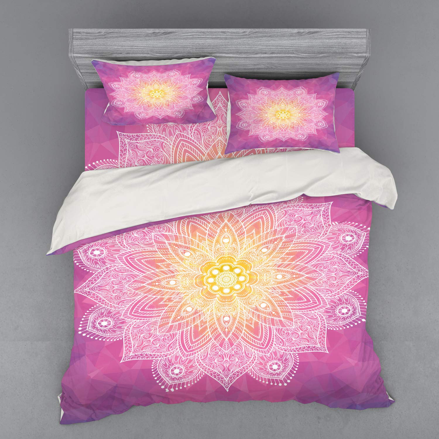 Ambesonne Mandala Duvet Cover Set - 4 Piece King Size Bedding with Shams & Fitted Sheet in Fuchsia Yellow - Psychedelic Digital Mandala Design for Bohemian & Spiritual Bedroom Decor - Perfect for Meditation Rooms, Yoga Retreats & Hippie Style Homes