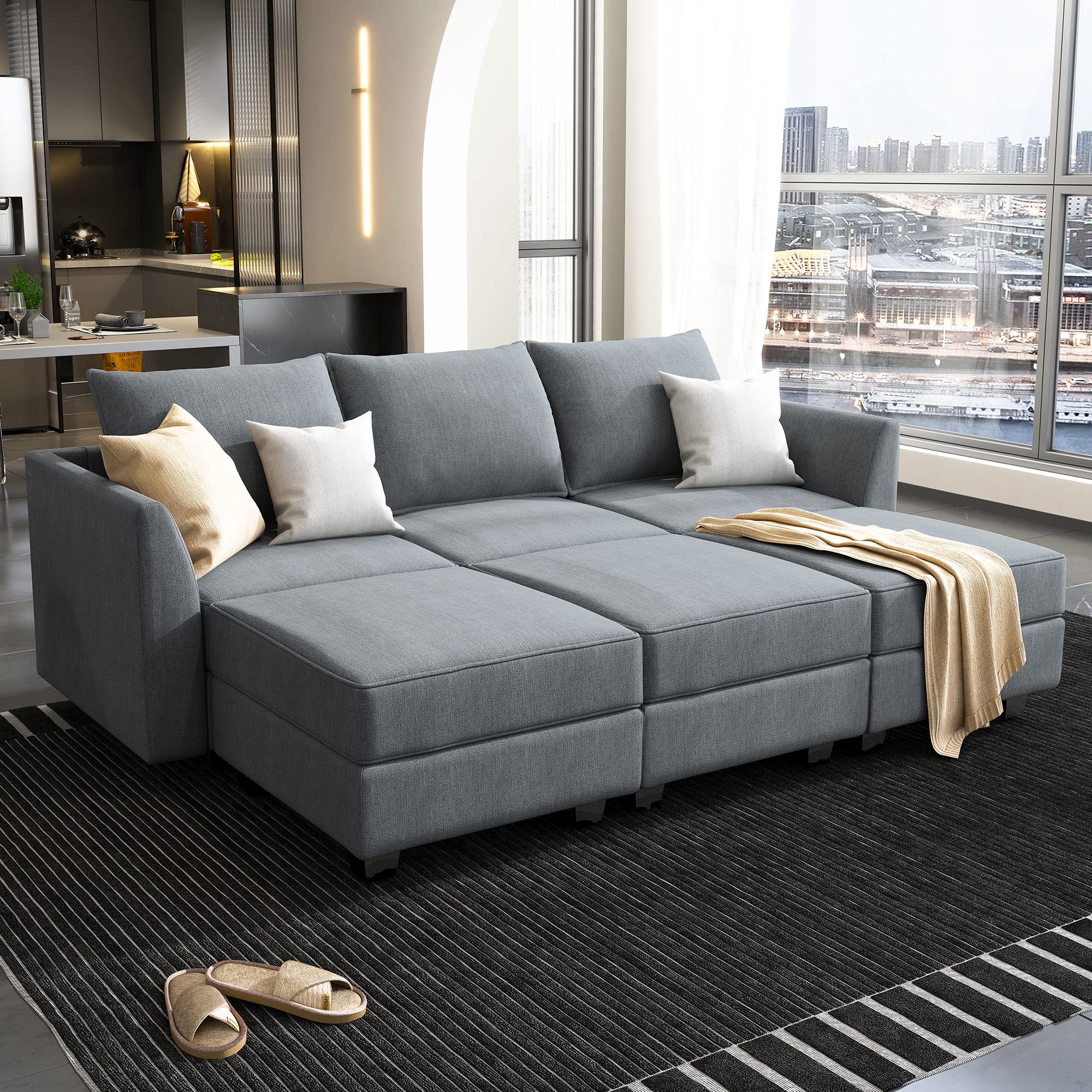 HONBAY Modular Sectional Sleeper Sofa with Storage | Convertible Reversible Chaise Sectional Couch for Living Room | Bluish Grey | Perfect for Small Spaces, Guest Rooms & Home Theater Lounging