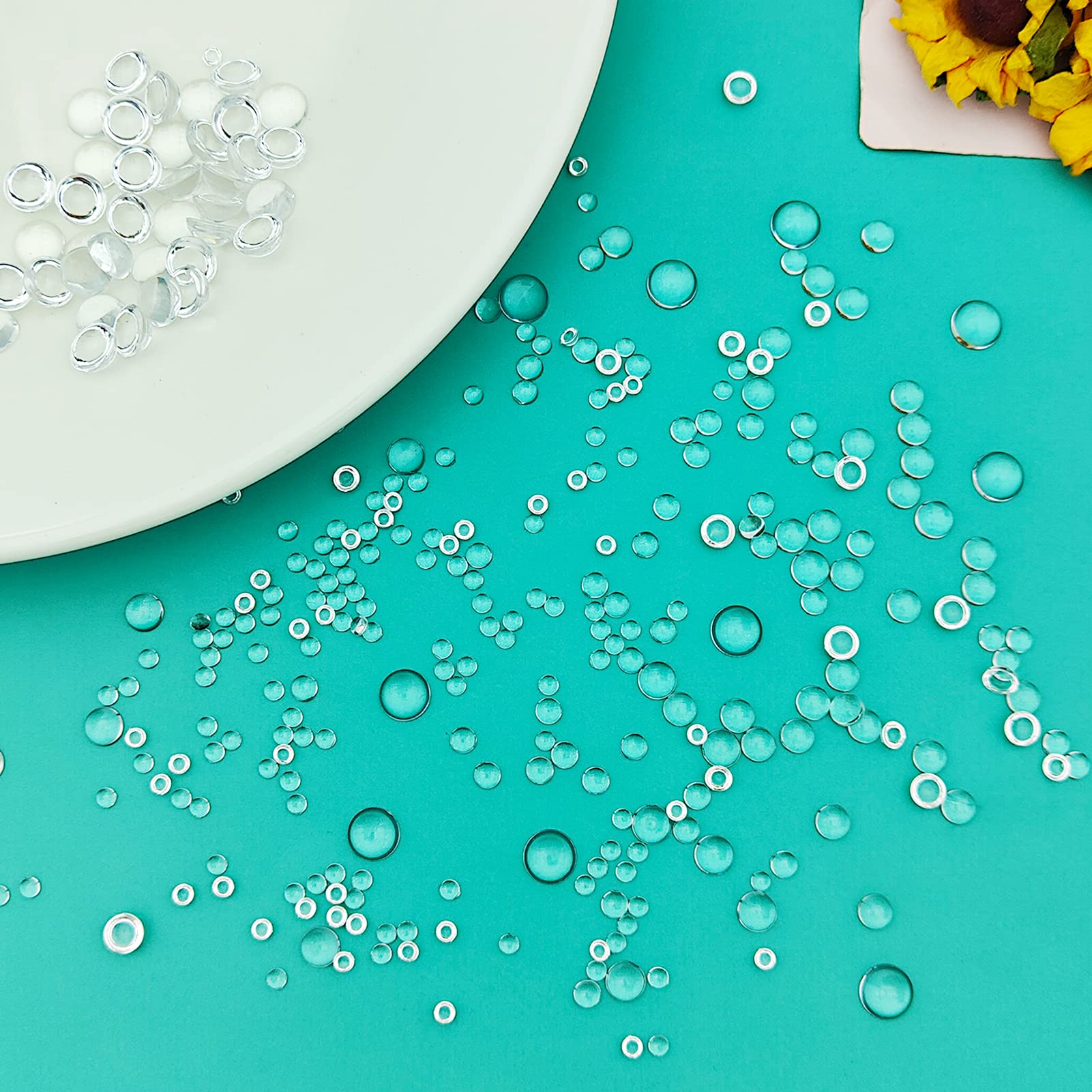 1650pcs Clear Dewdrop Water Droplets Resin Beads - Half Round Simulated Water Droplet Embellishments for DIY Scrapbooking, Card Making, Jewelry Crafts - Perfect for Wedding Decor, Home Decoration, Paper Crafts (AB Clear)