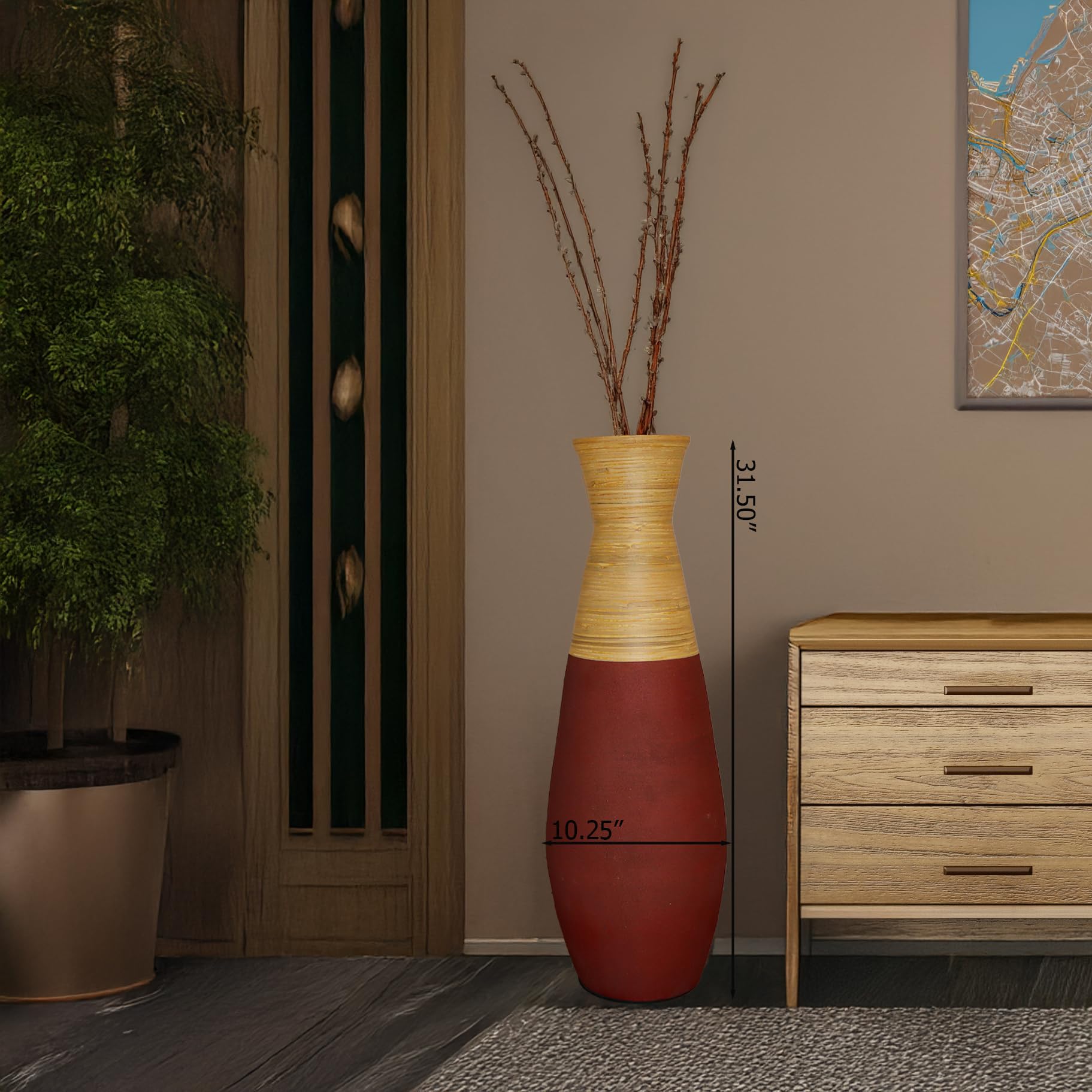 Handcrafted 31.5 Inch Tall Bamboo Floor Vase - Burgundy & Natural Finish - Sustainable Large Decorative Vase for Living Room, Dining Room, Entryway - Perfect for Home Decor, Wedding Centerpieces & Boho Style Interiors