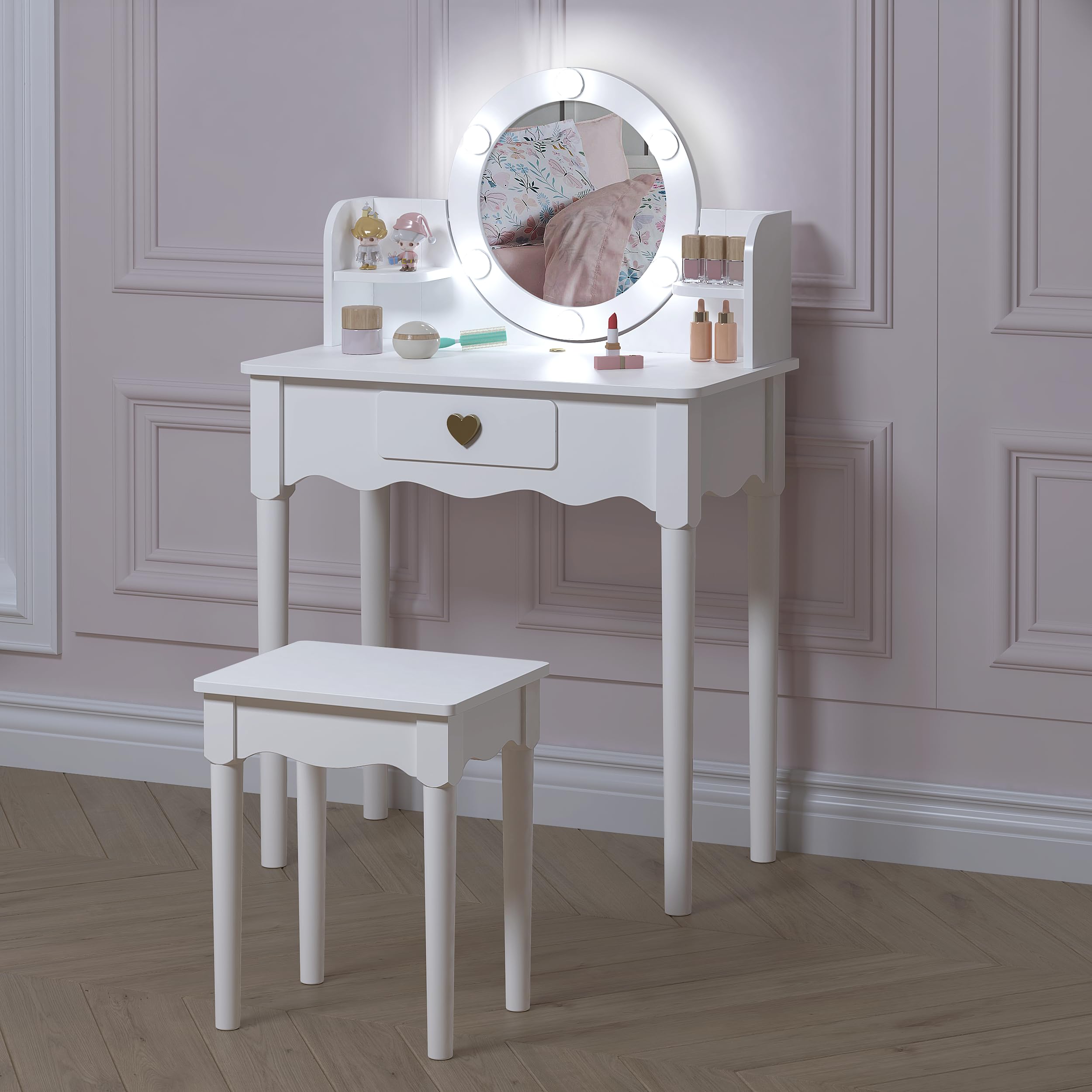 UTEX Kids Vanity Set with Mirror, Stool & Lights - Wooden Princess Makeup Desk & Dressing Table for Girls (White) | Pretend Play, Birthday Gift & Room Decor
