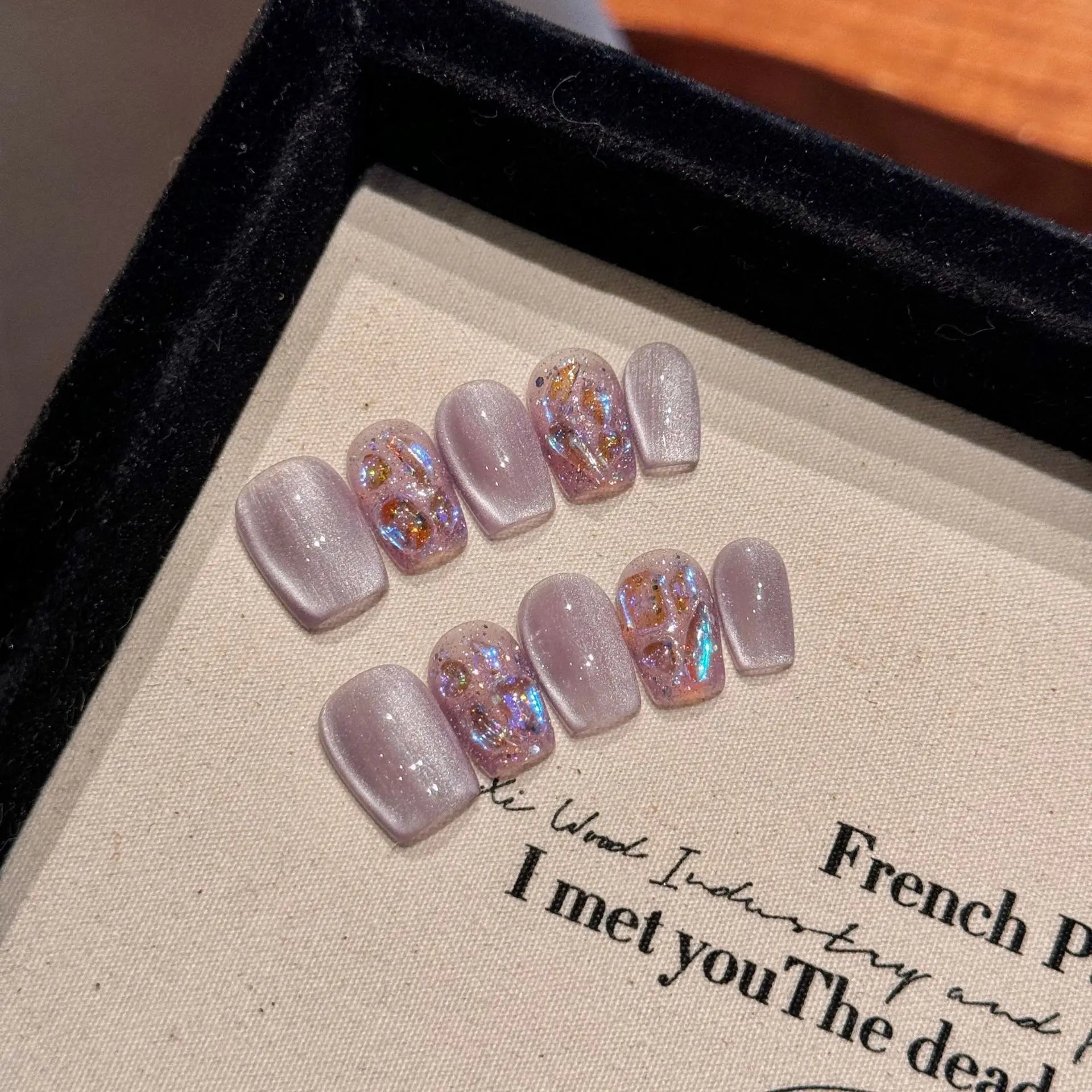 10Pcs Short Sweet Cute Press on Nails Set - Shimmery Cat Eye Gel Nails with Glue, Cherry Cake French Acrylic Nail Tips for Women & Girls - Perfect for Parties, Weddings, Daily Wear & Gift Giving